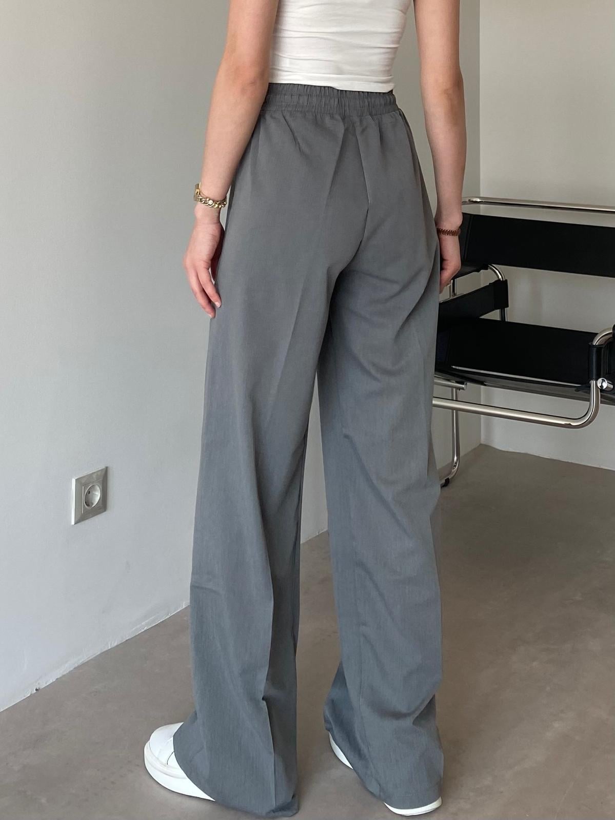 Açık Gri Biye Detaylı Beli Lastikli Pantolon