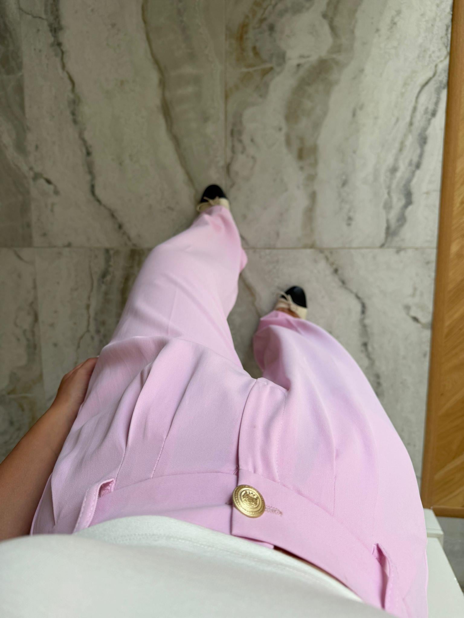 Açık Pembe Gold Düğmeli Pileli Palazzo Pantolon