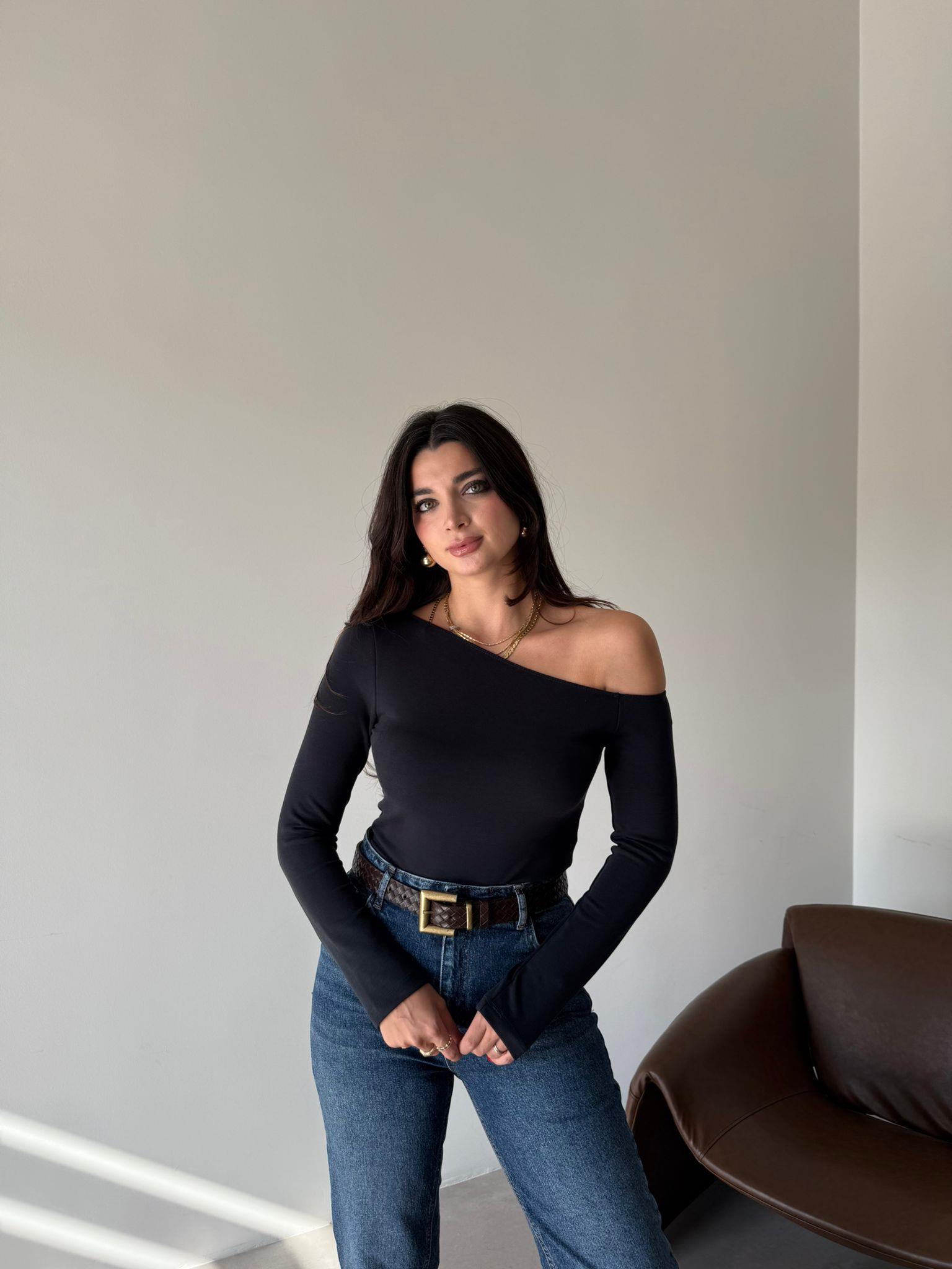 Antrasit Özel Dokulu Asimetrik Bluz