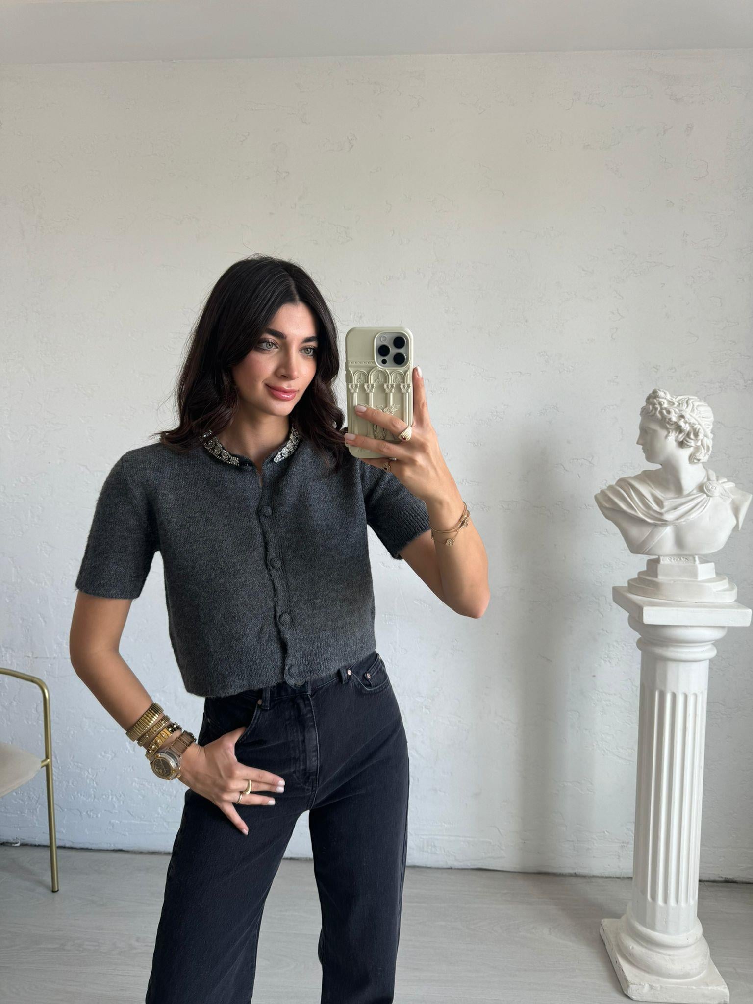 Antrasit Yakası Taş Detaylı Triko Hırka