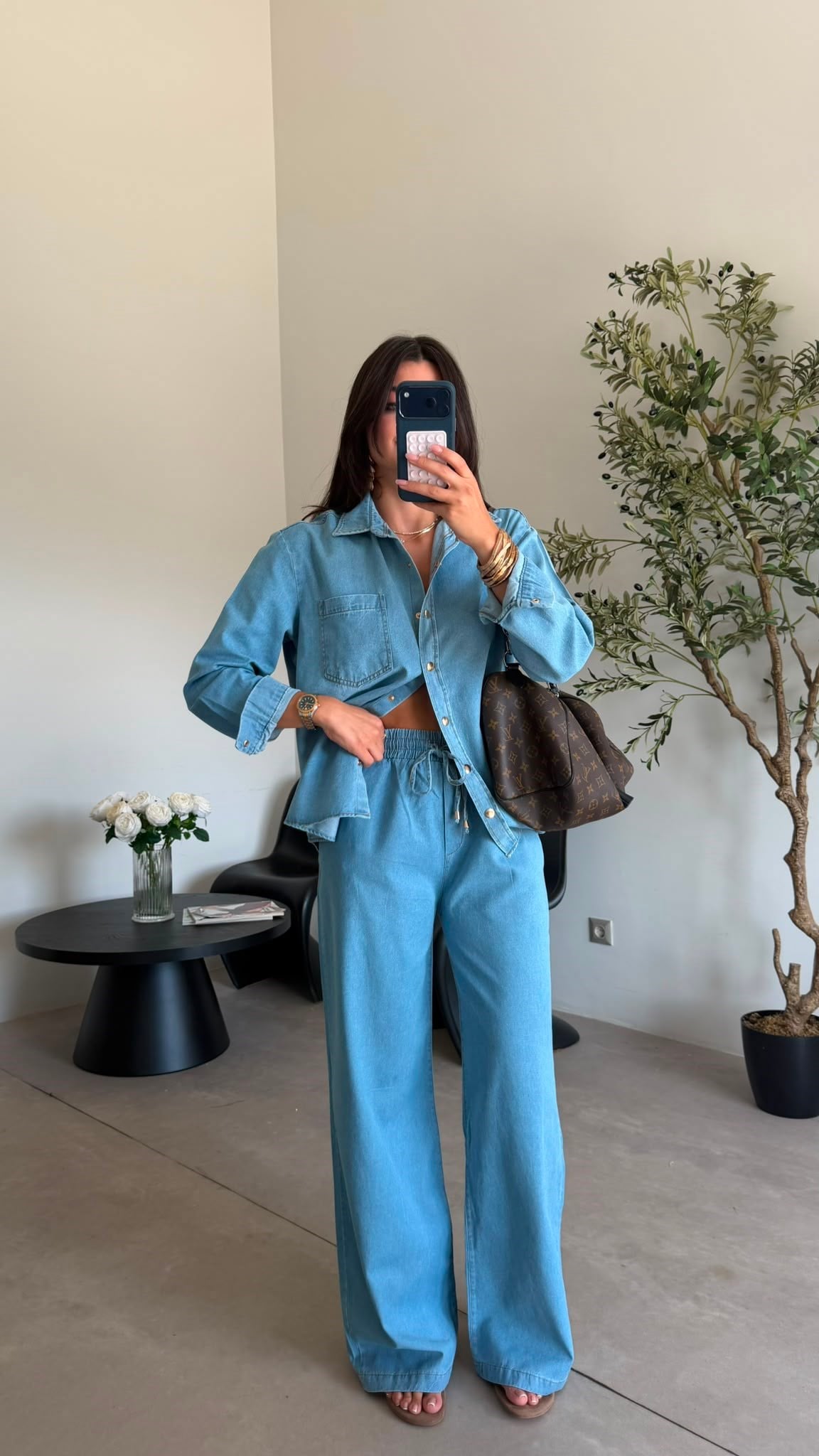 Bebe Mavisi Beli Lastikli Denim Takım