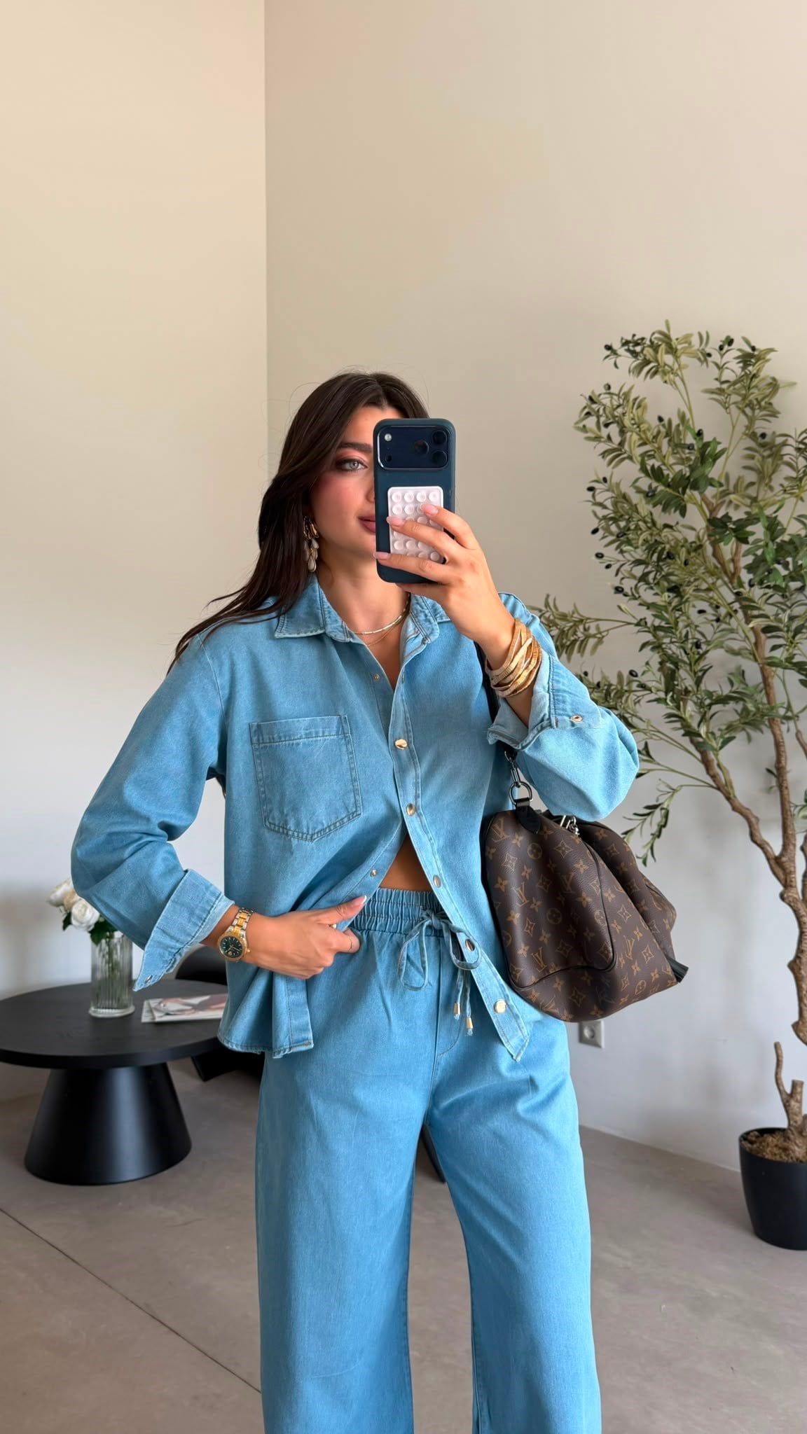Bebe Mavisi Beli Lastikli Denim Takım