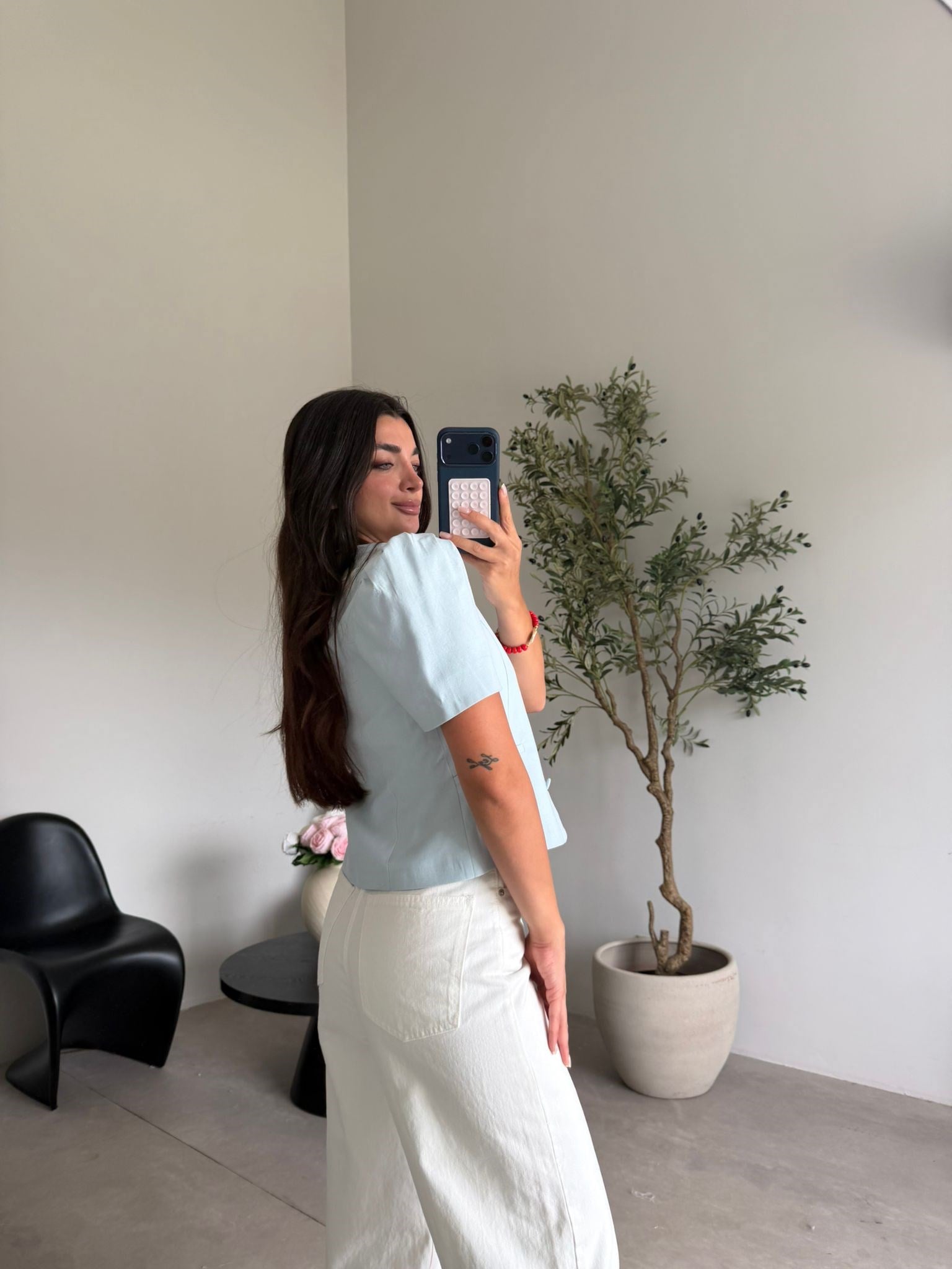 Bebe Mavisi Düğmeli Kısa Kol Ceket