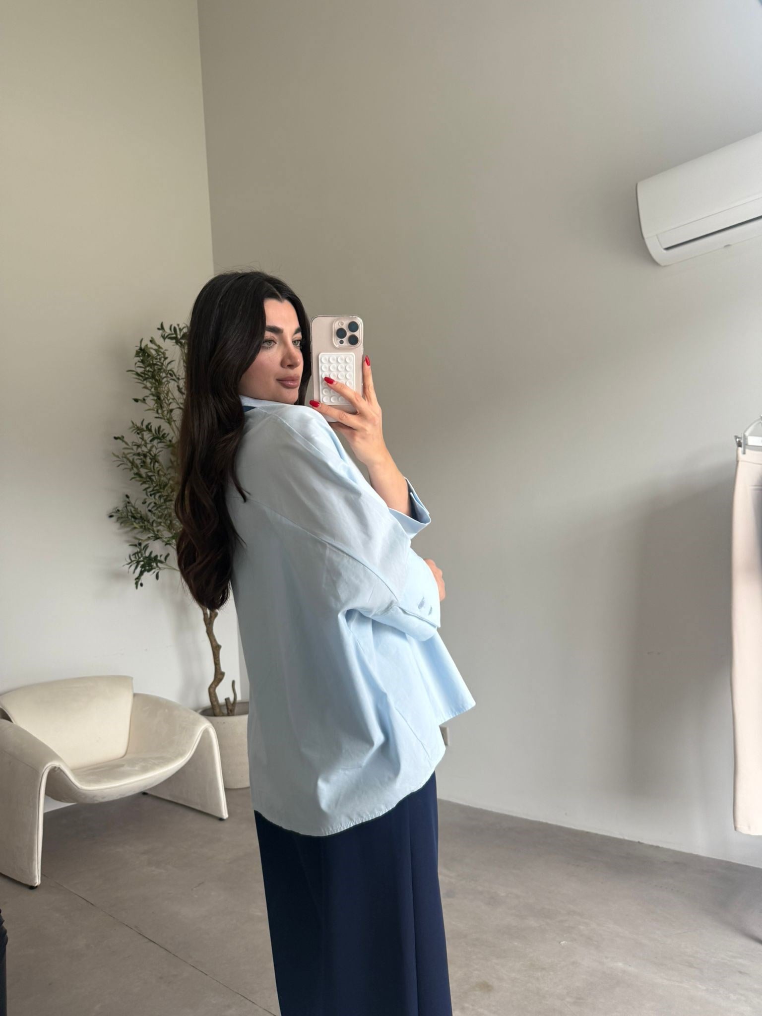 Bebe Mavisi Kol Manşetli Oversize Gömlek
