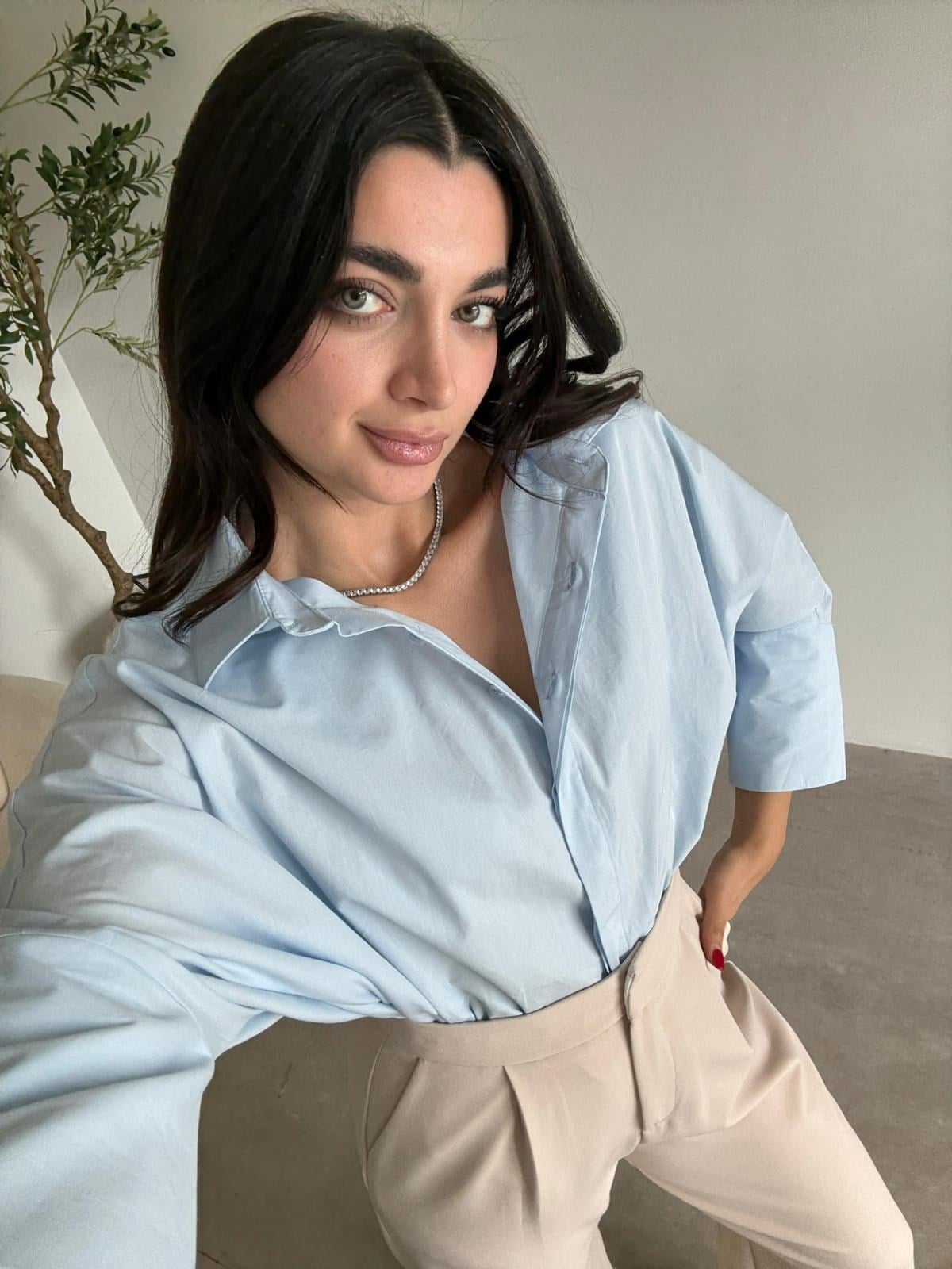 Bebe Mavisi Kol Manşetli Oversize Gömlek