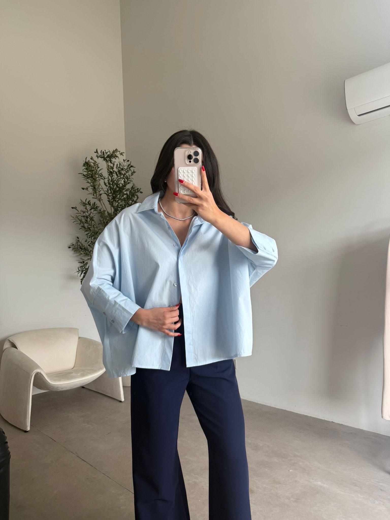 Bebe Mavisi Kol Manşetli Oversize Gömlek
