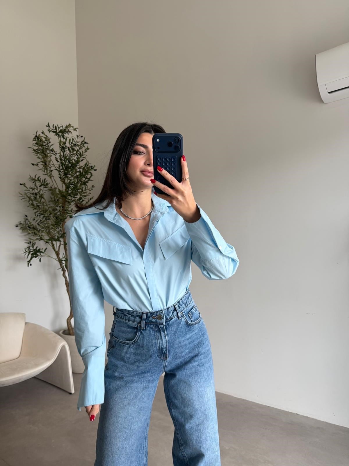 Bebe Mavisi Vatkalı Kol Detaylı Gömlek