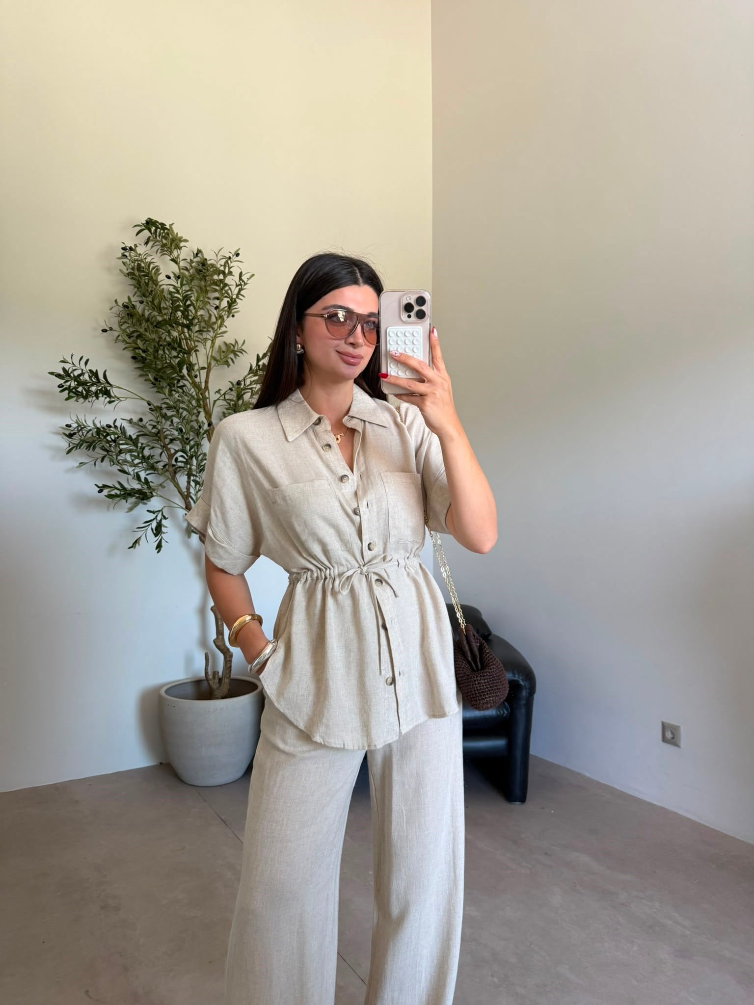 Bej Beli Büzgülü Keten Pantolon Takım