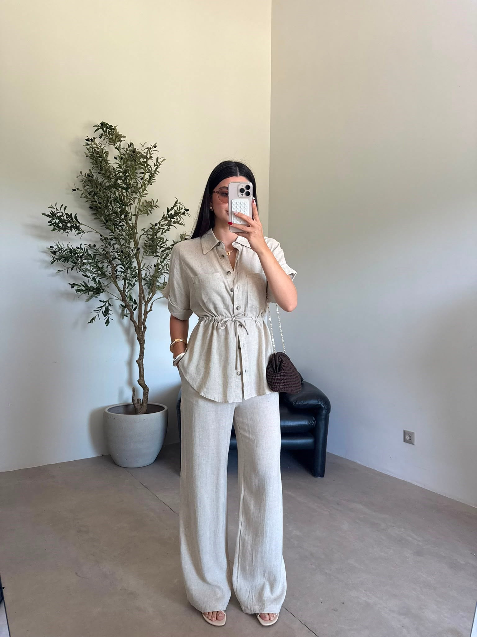 Bej Beli Büzgülü Keten Pantolon Takım