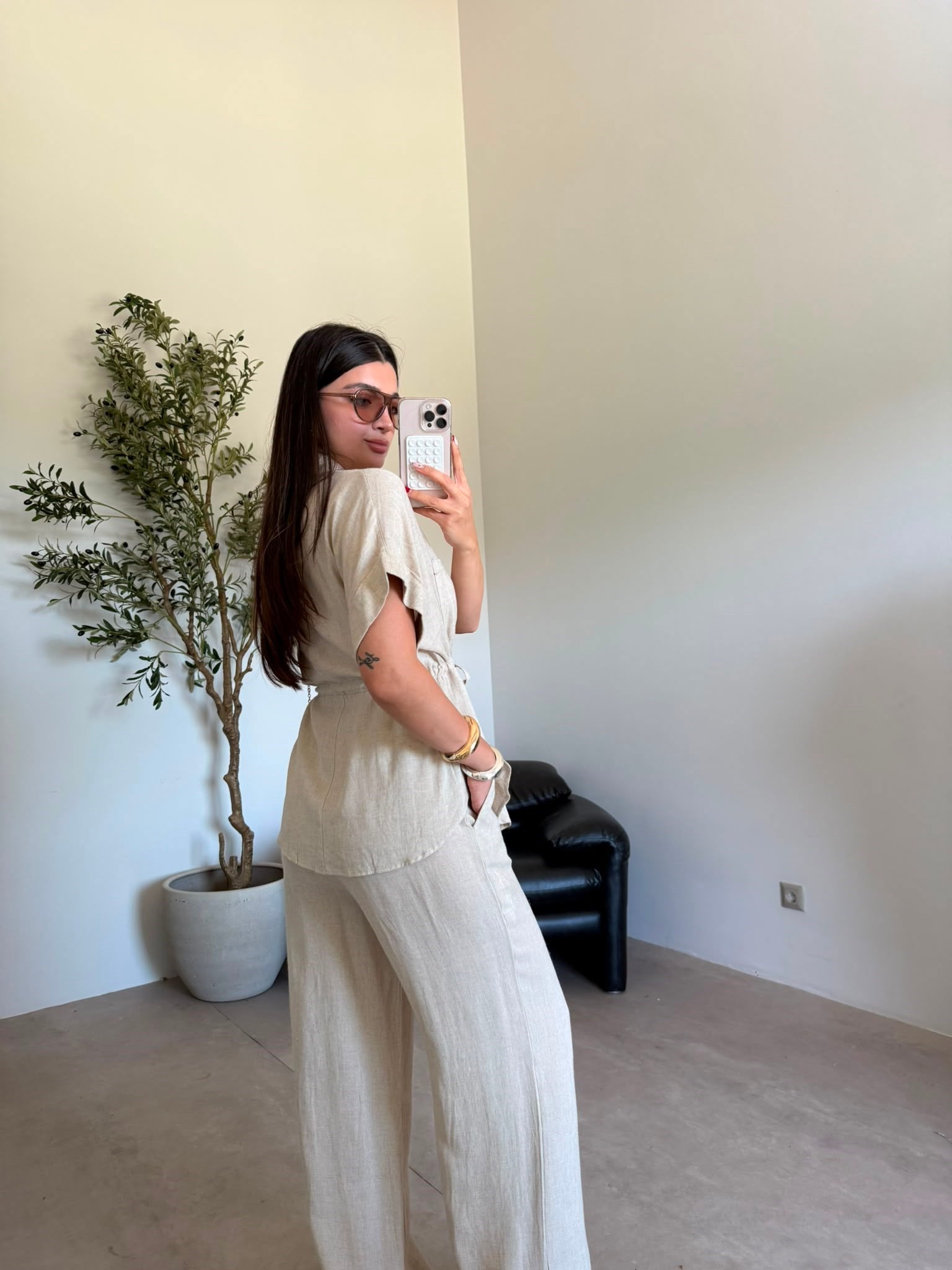 Bej Beli Büzgülü Keten Pantolon Takım