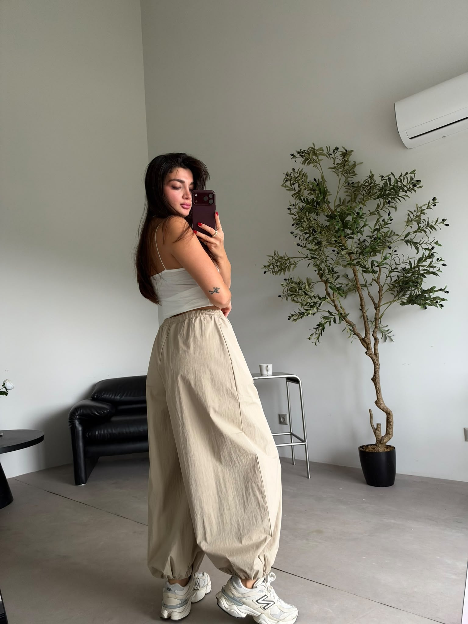 Bej Beli Lastikli Balon Pantolon