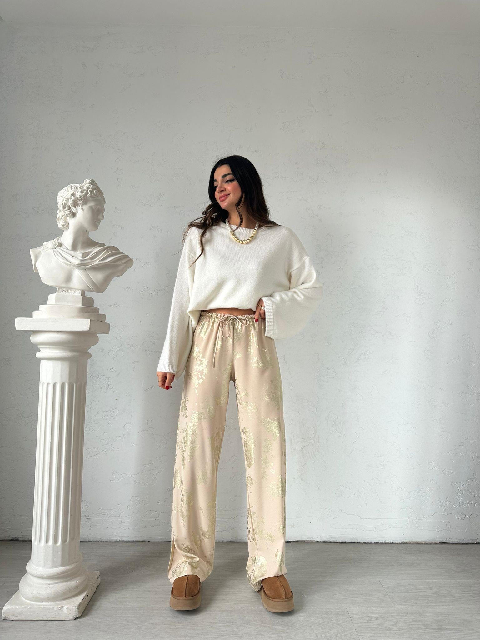 Bej Gold Baskılı Pantolon