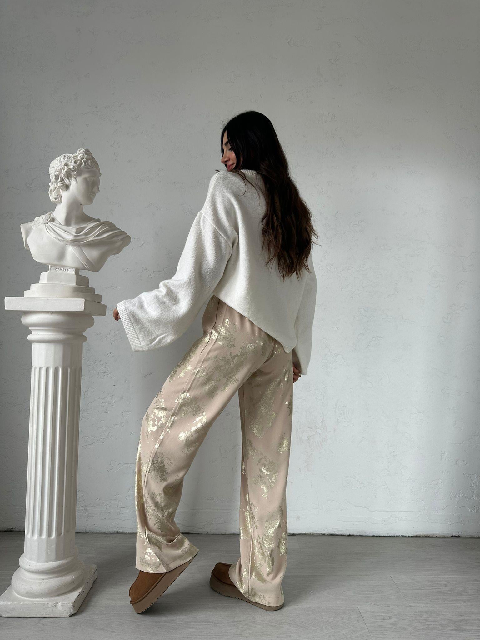 Bej Gold Baskılı Pantolon