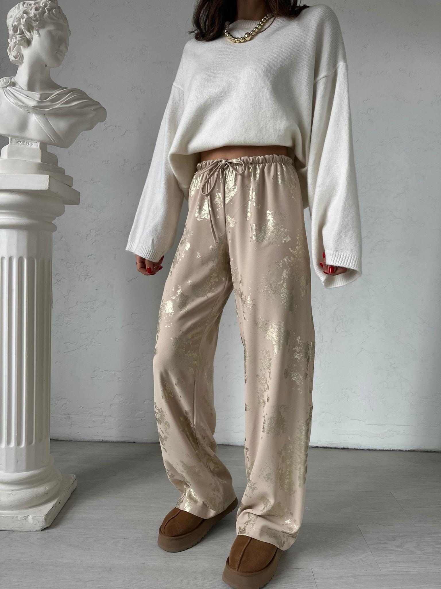 Bej Gold Baskılı Pantolon
