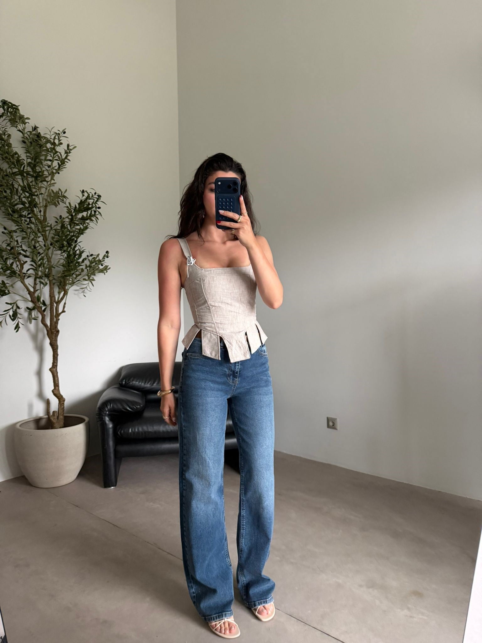 Bej İpli Keten Korse Bluz