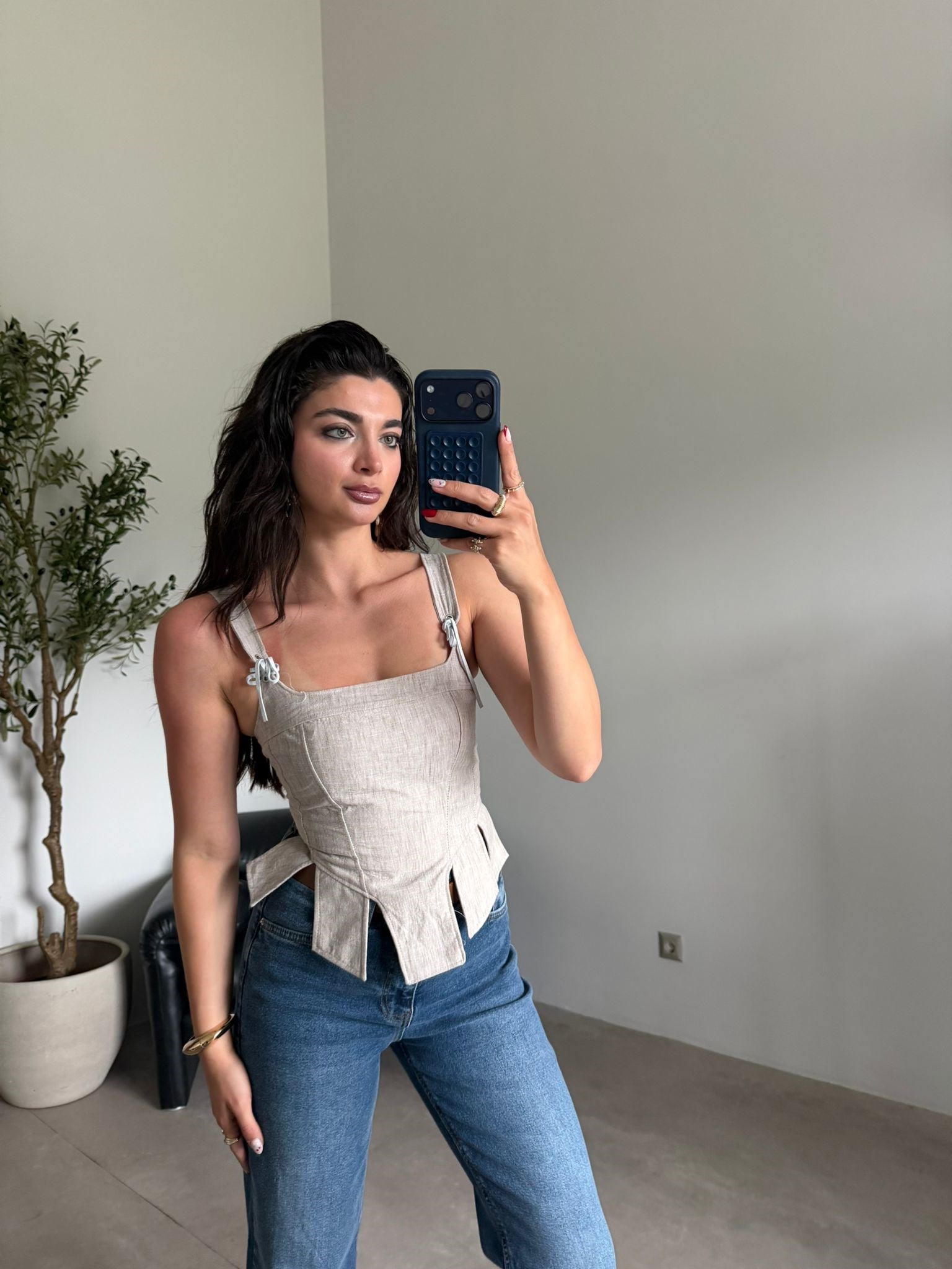 Bej İpli Keten Korse Bluz