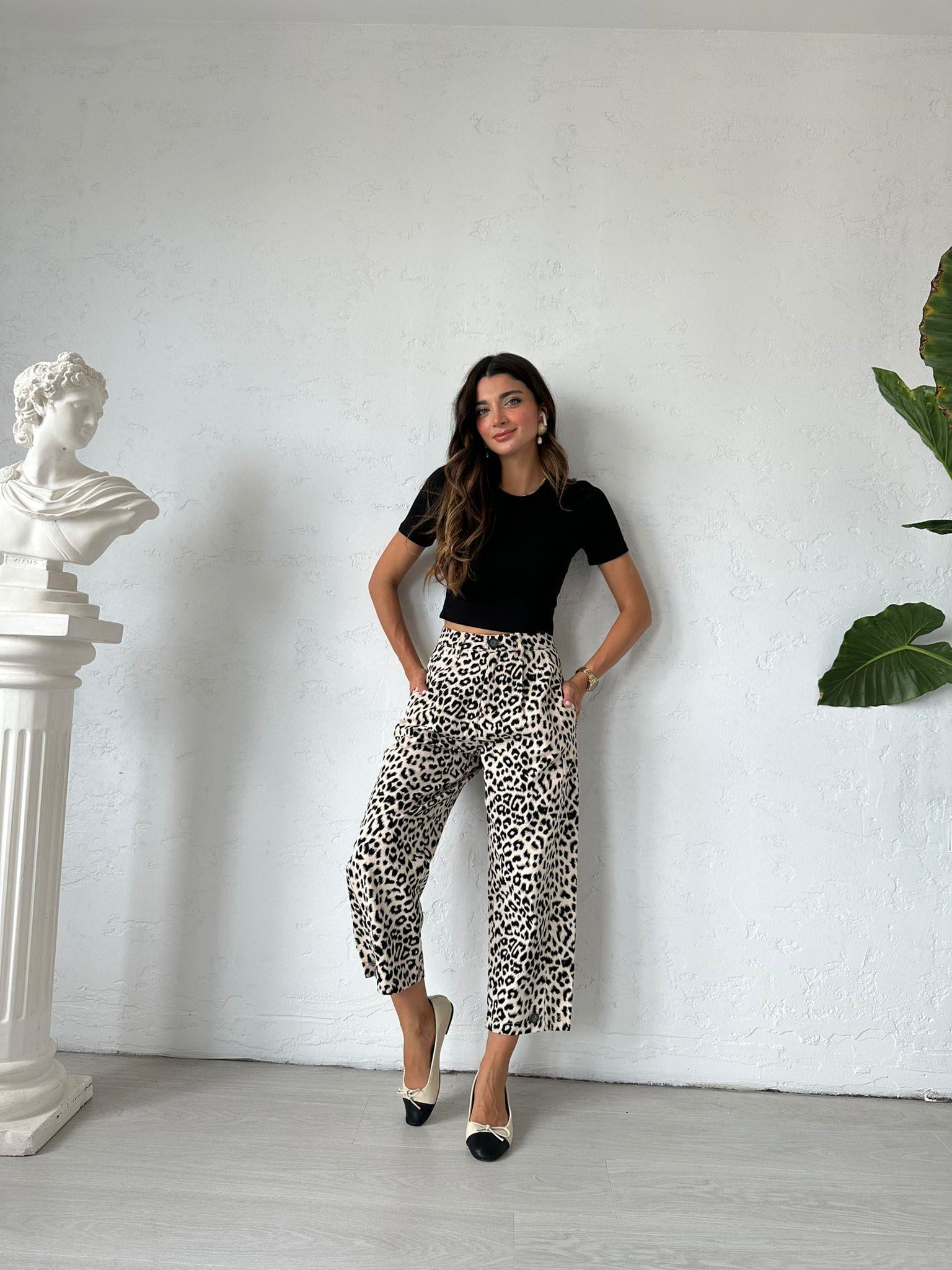 Bej Leopar Desen Pantolon