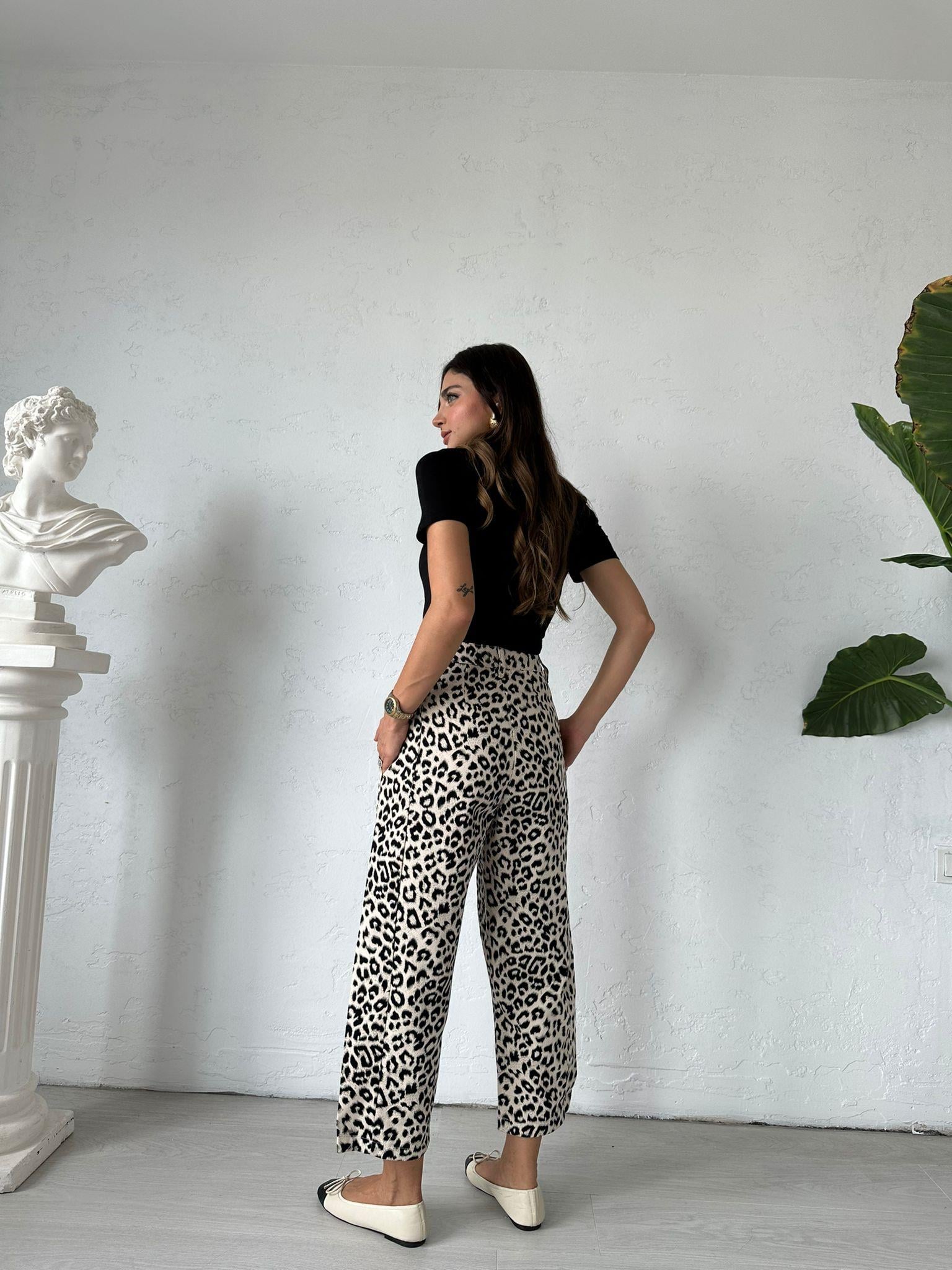Bej Leopar Desen Pantolon