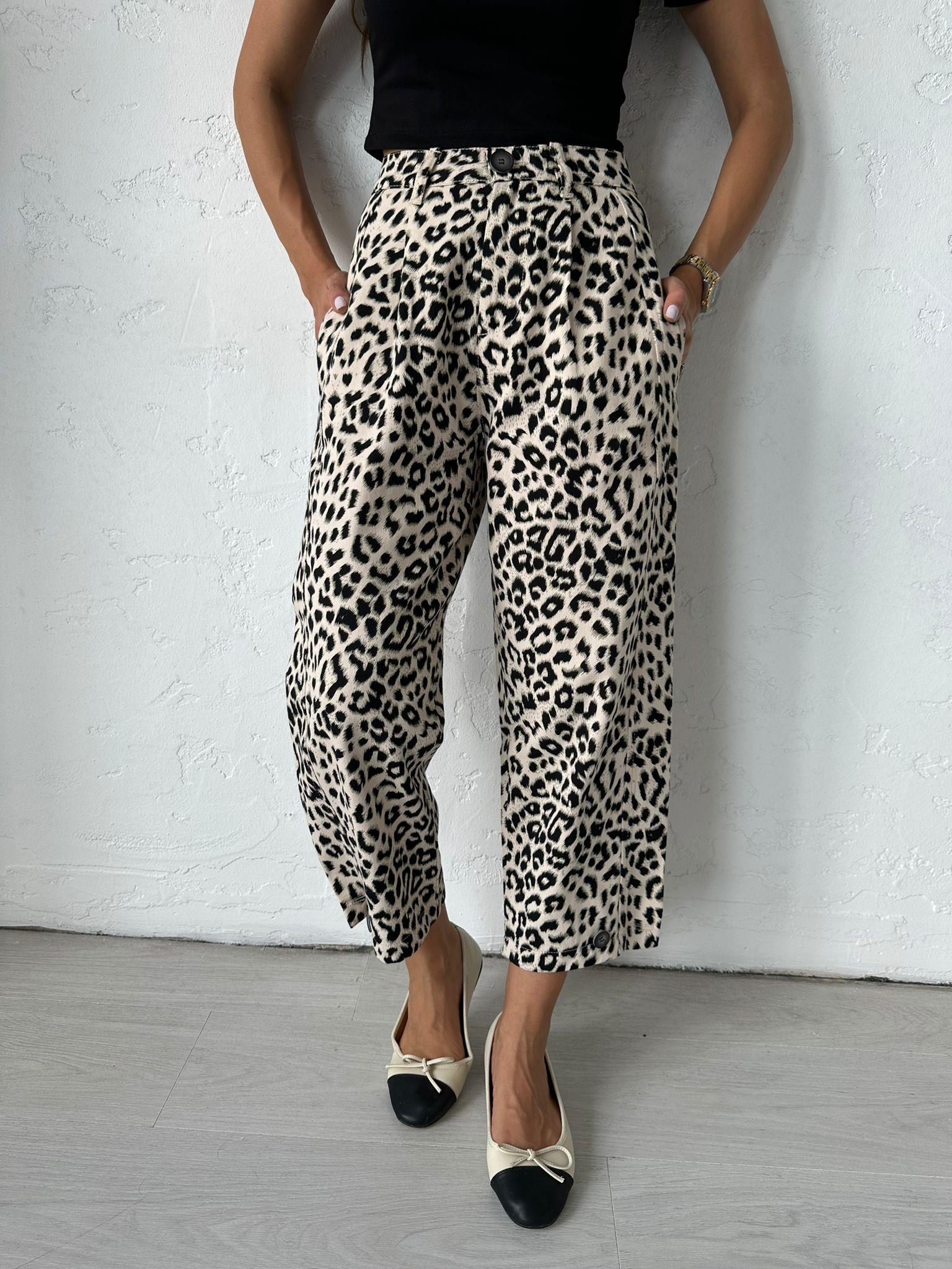 Bej Leopar Desen Pantolon