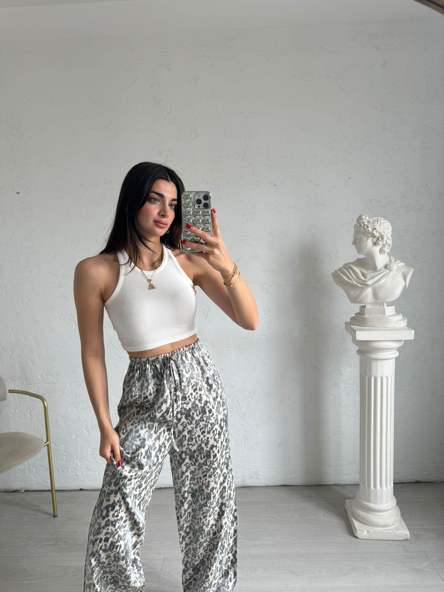 Bej Leopar Desenli Parlak Pantolon