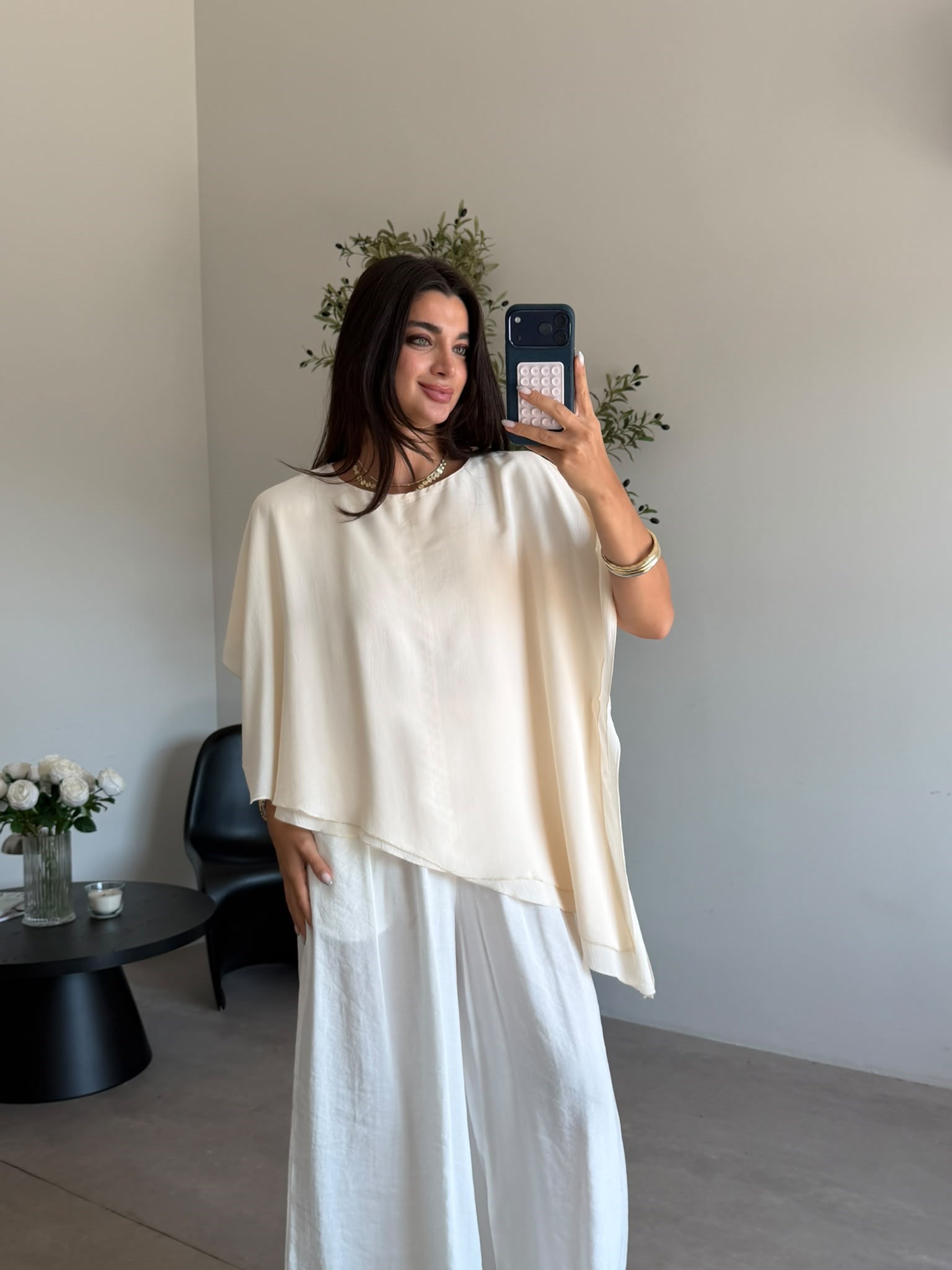 Bej Oversize Asimetrik Bluz