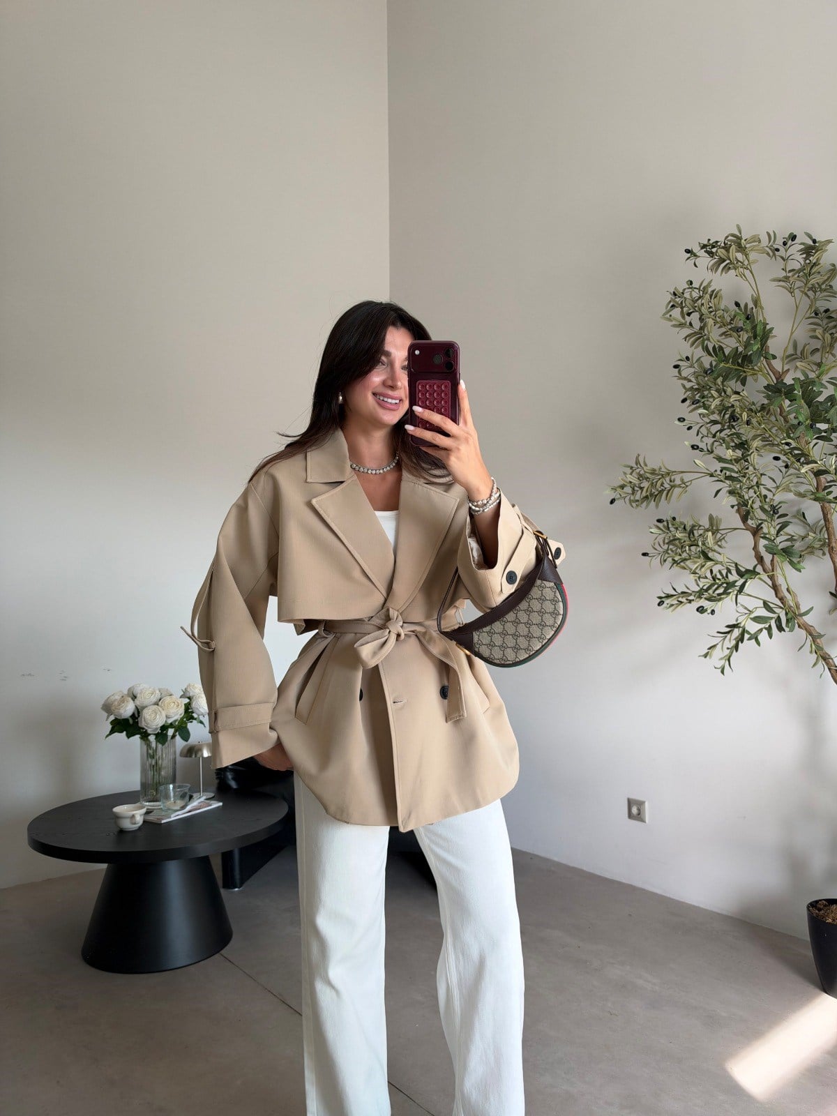 Bej Oversize Kısa Trenç