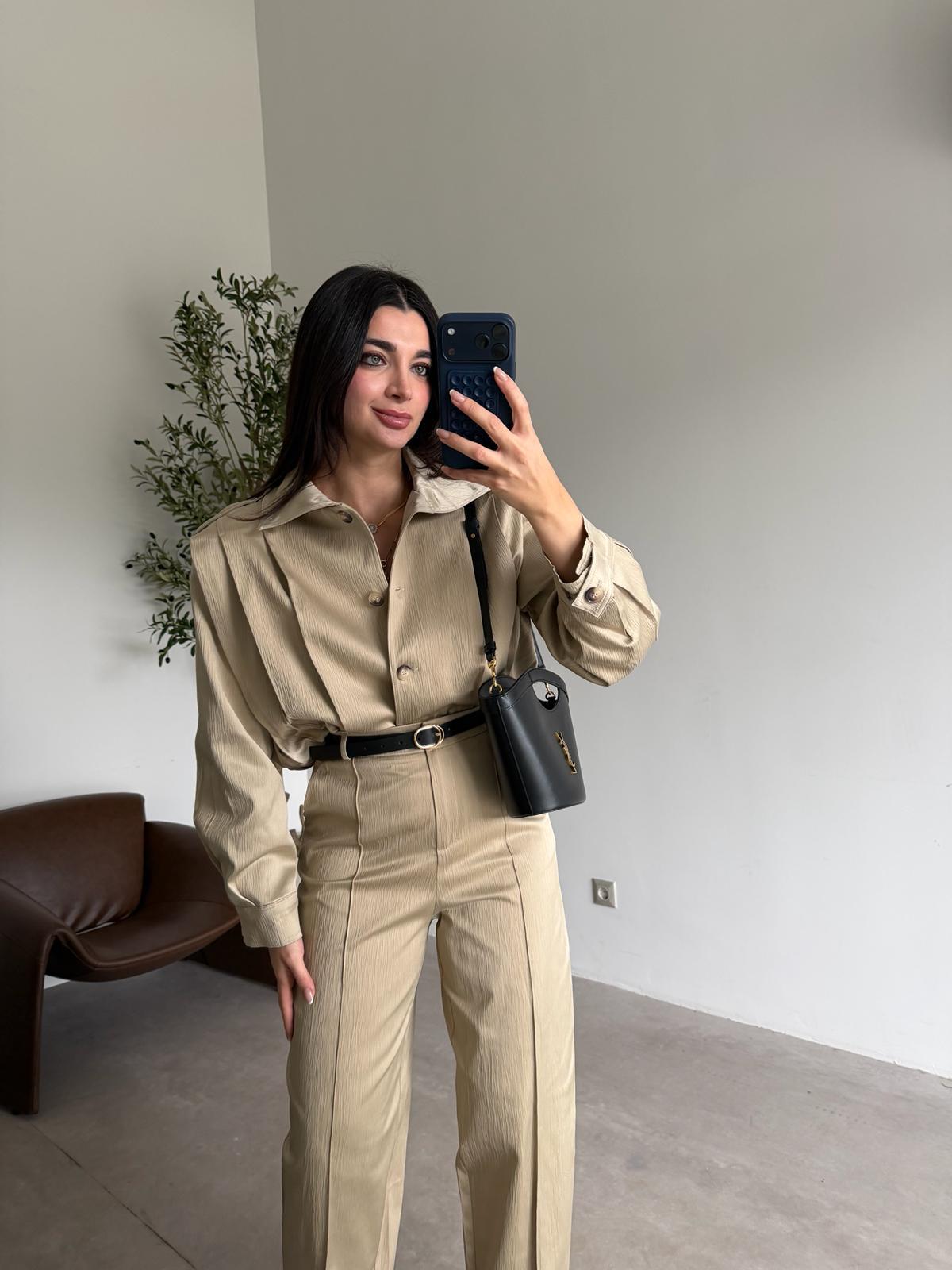 Bej Pile Detaylı Kemerli Pantolon Takım