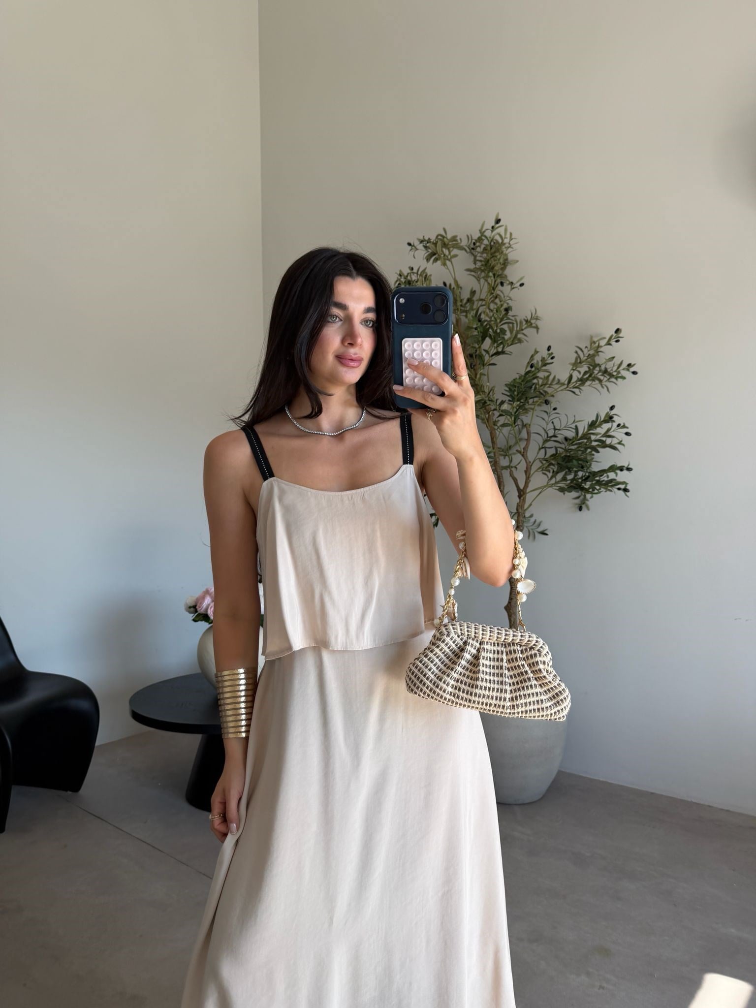Bej Şeritli Askılı Tensel Elbise