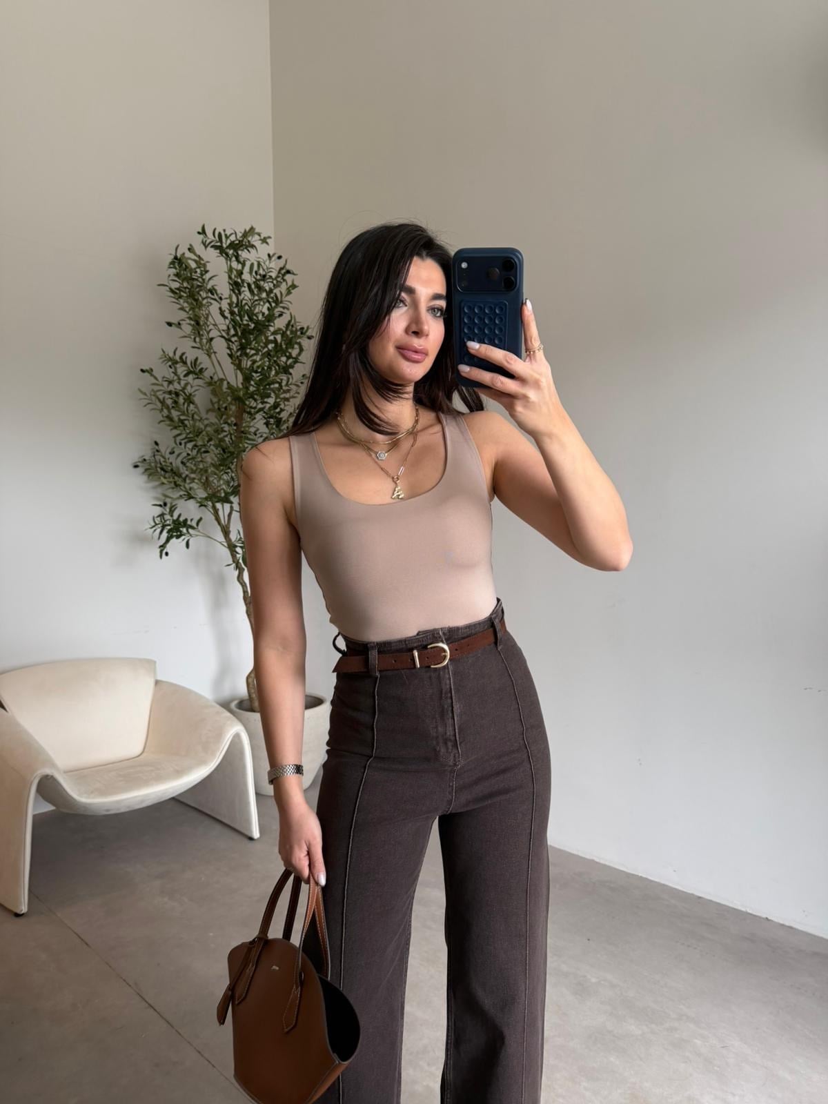 Bej Sıfır Kol Basic Bluz  