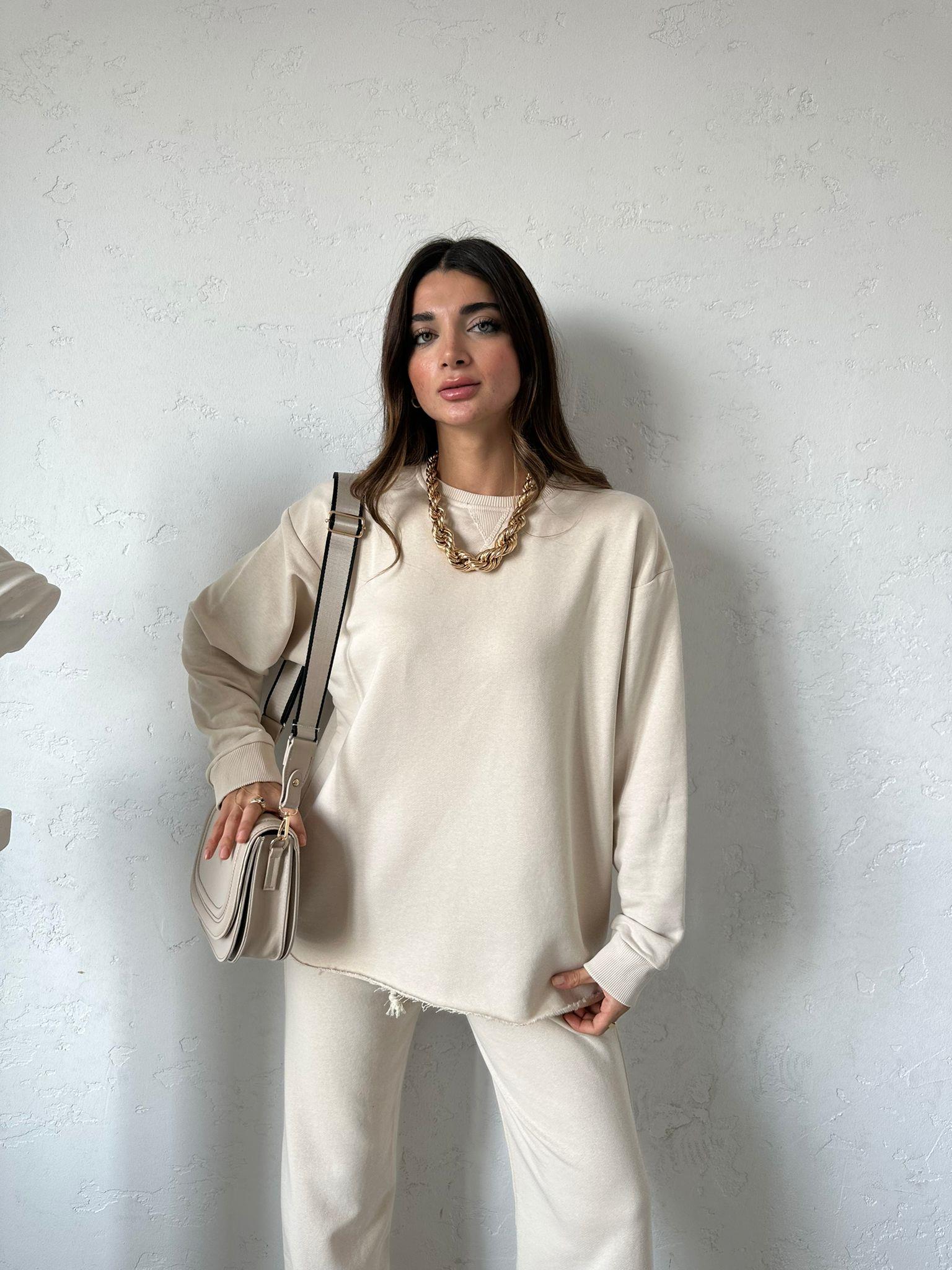 Bej Uzun Kollu Basic Eşofman Takımı