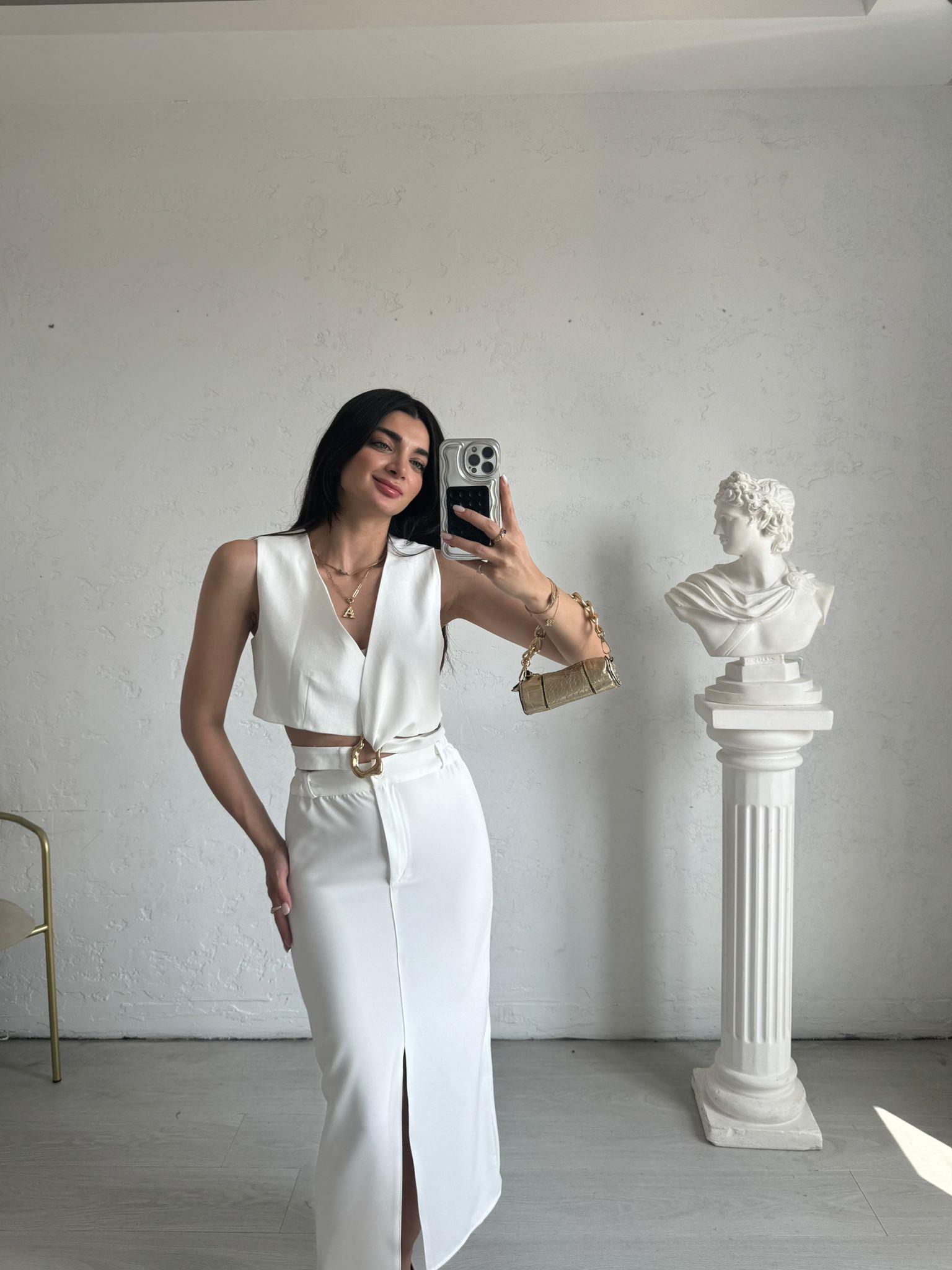 Beyaz Basic Yırtmaçlı Etek