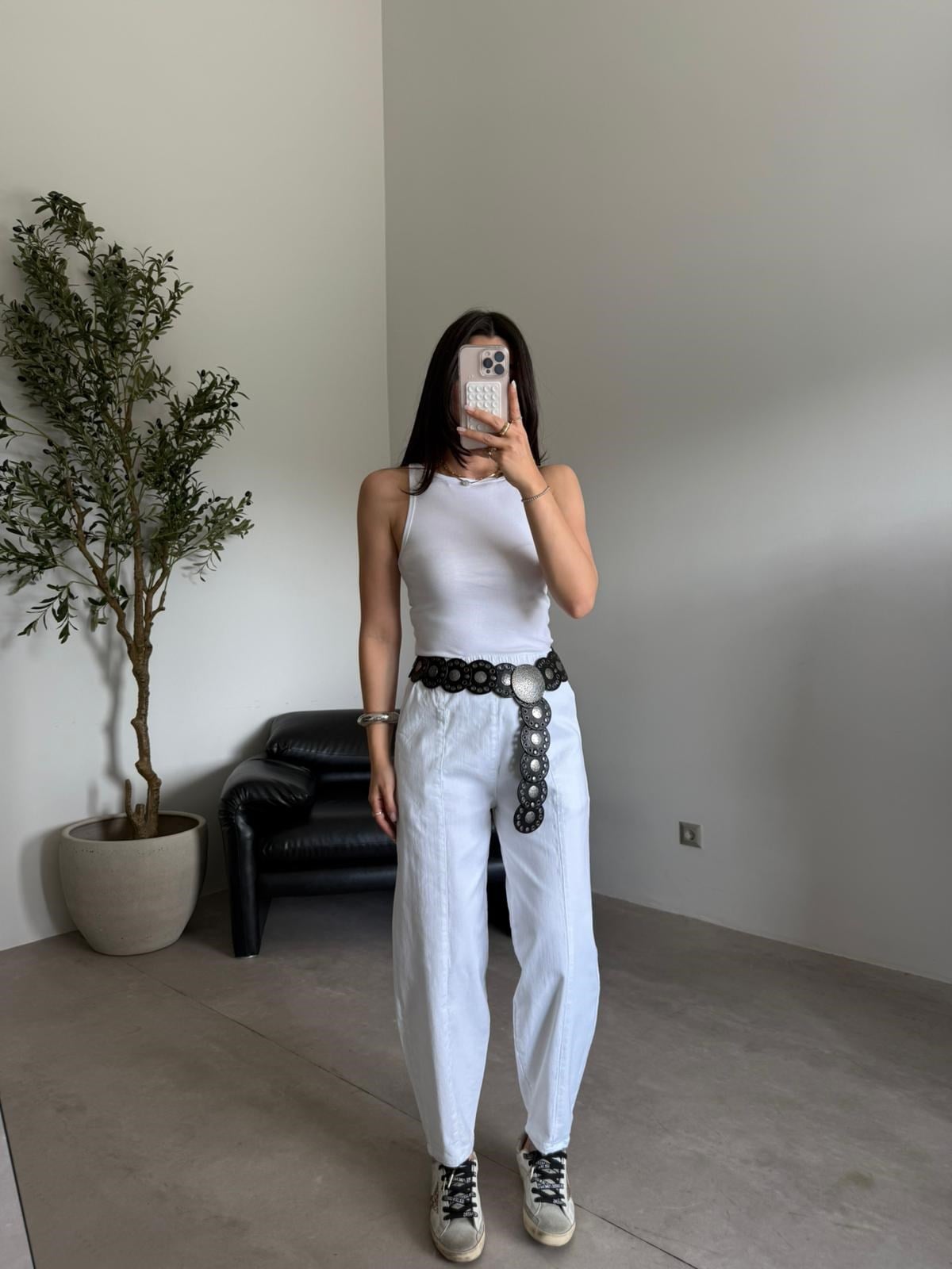 Beyaz Beli Lastikli Big Size Şalvar Pantolon
