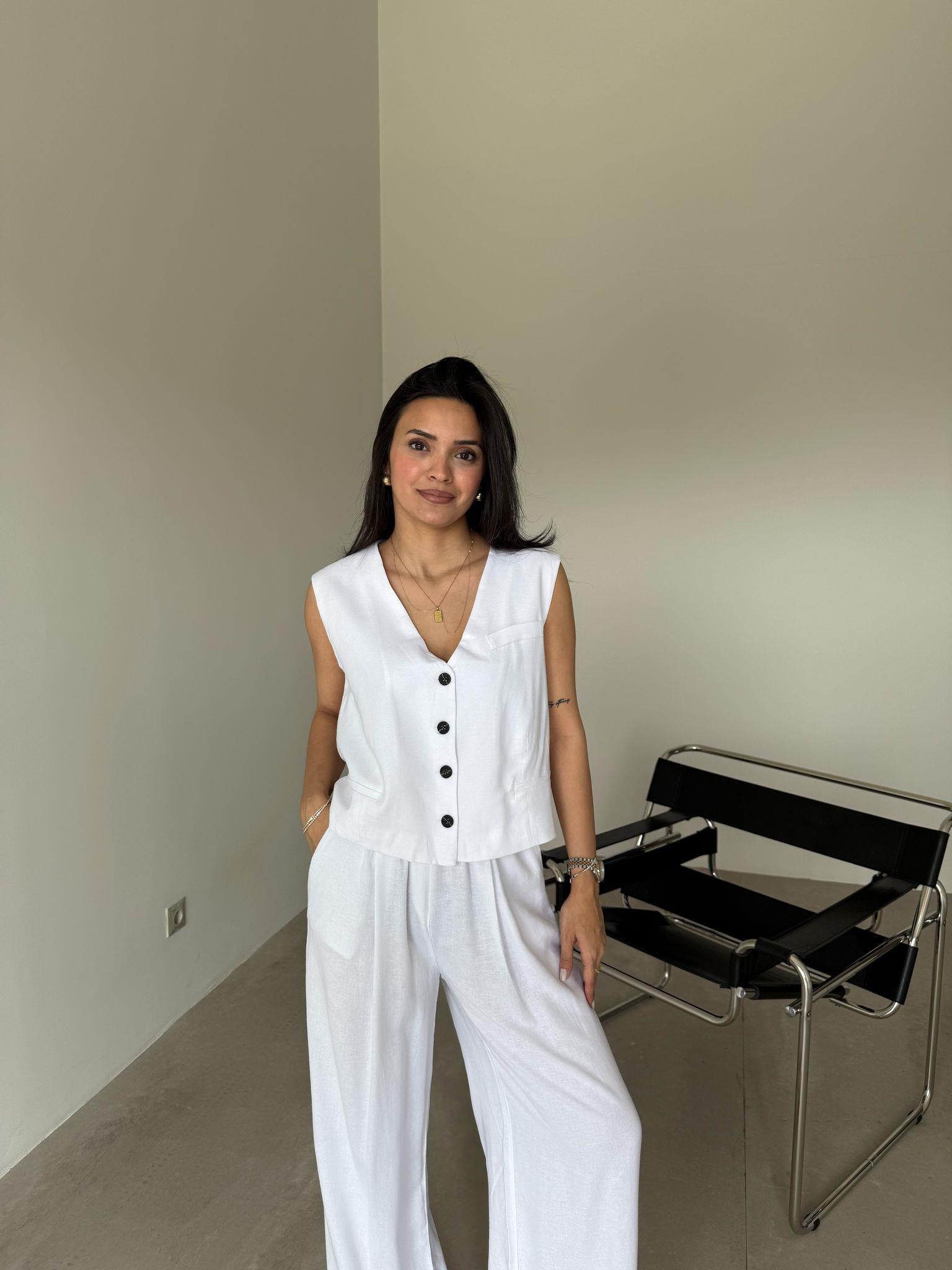 Beyaz Beli Lastikli Bol Paça Keten Takım
