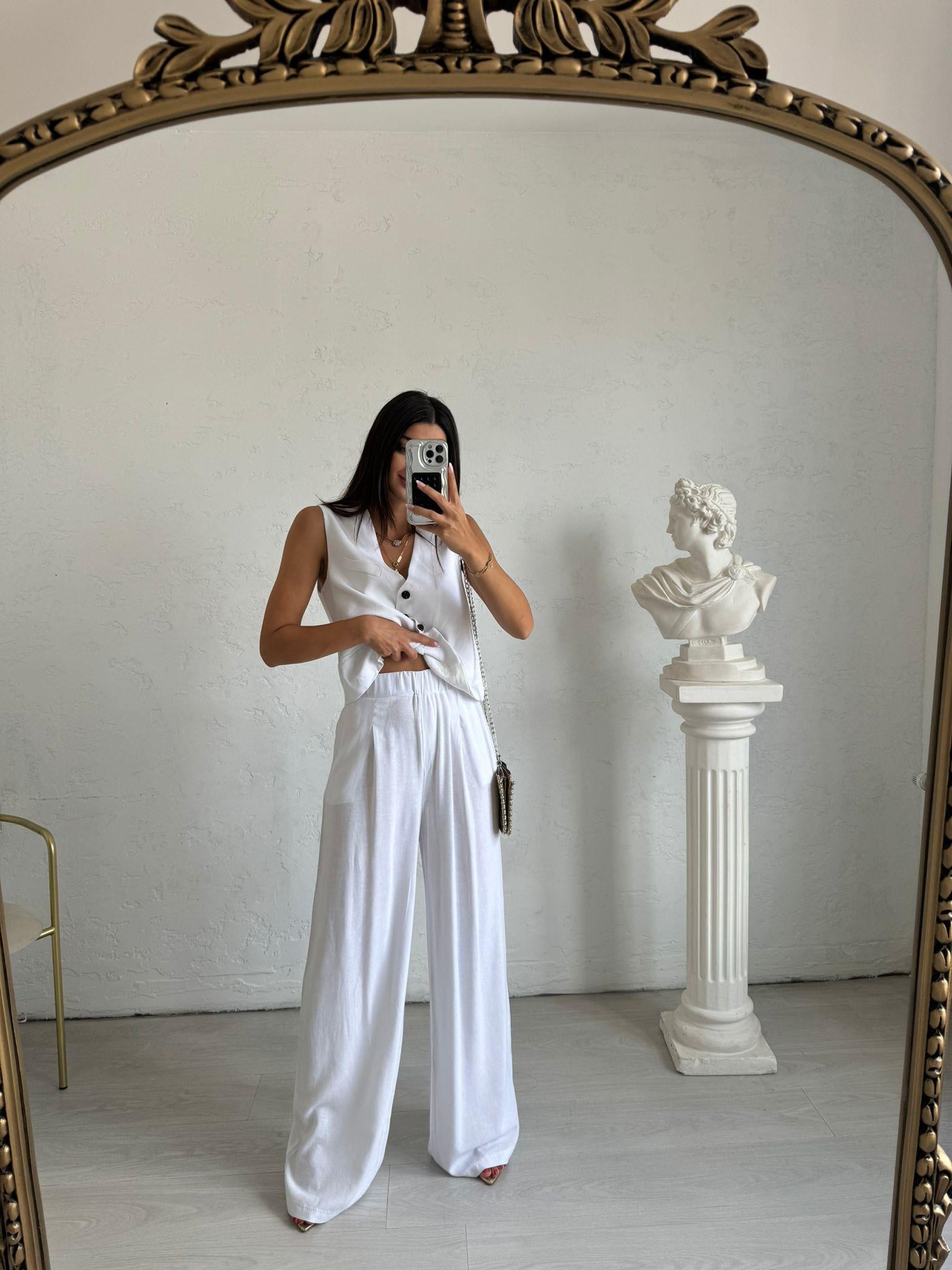 Beyaz Beli Lastikli Bol Paça Keten Takım