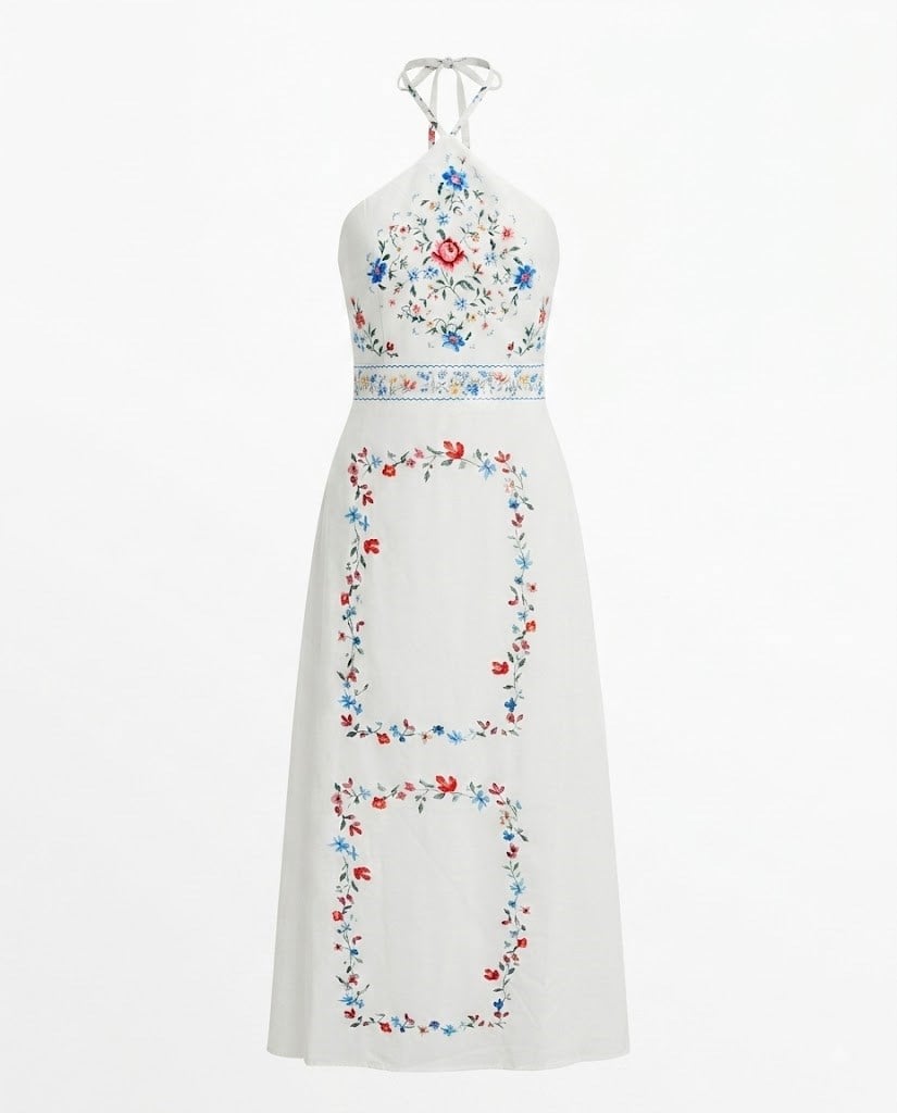 Beyaz Çiçek Desenli Boyundan Bağlamalı Elbise