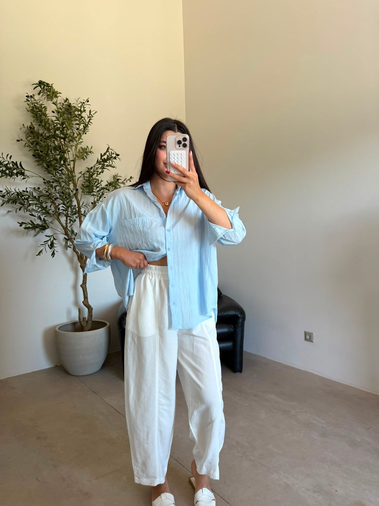 Beyaz Dikiş Detaylı Şalvar Pantolon
