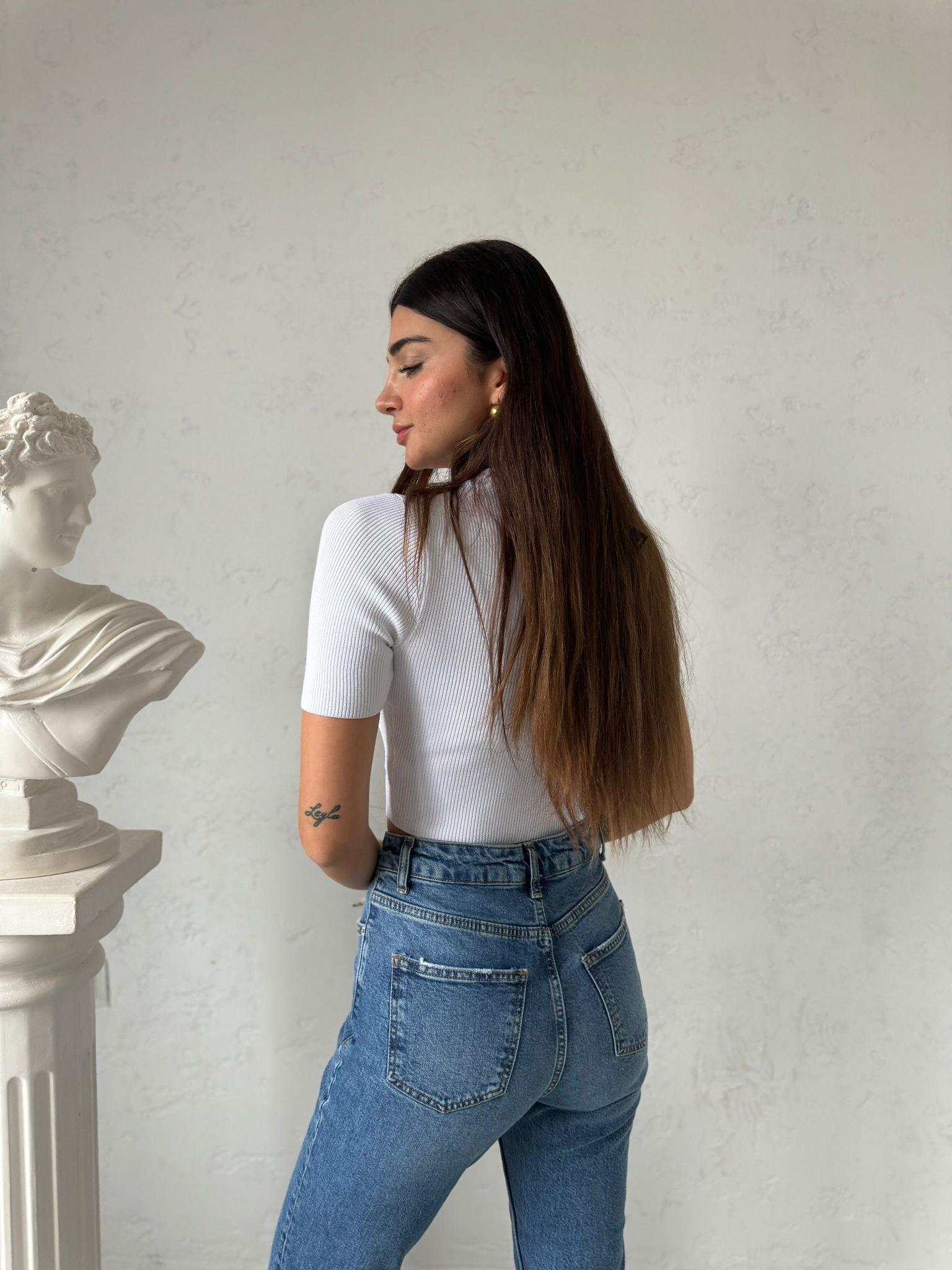 Beyaz Kısa Kollu Triko Bluz