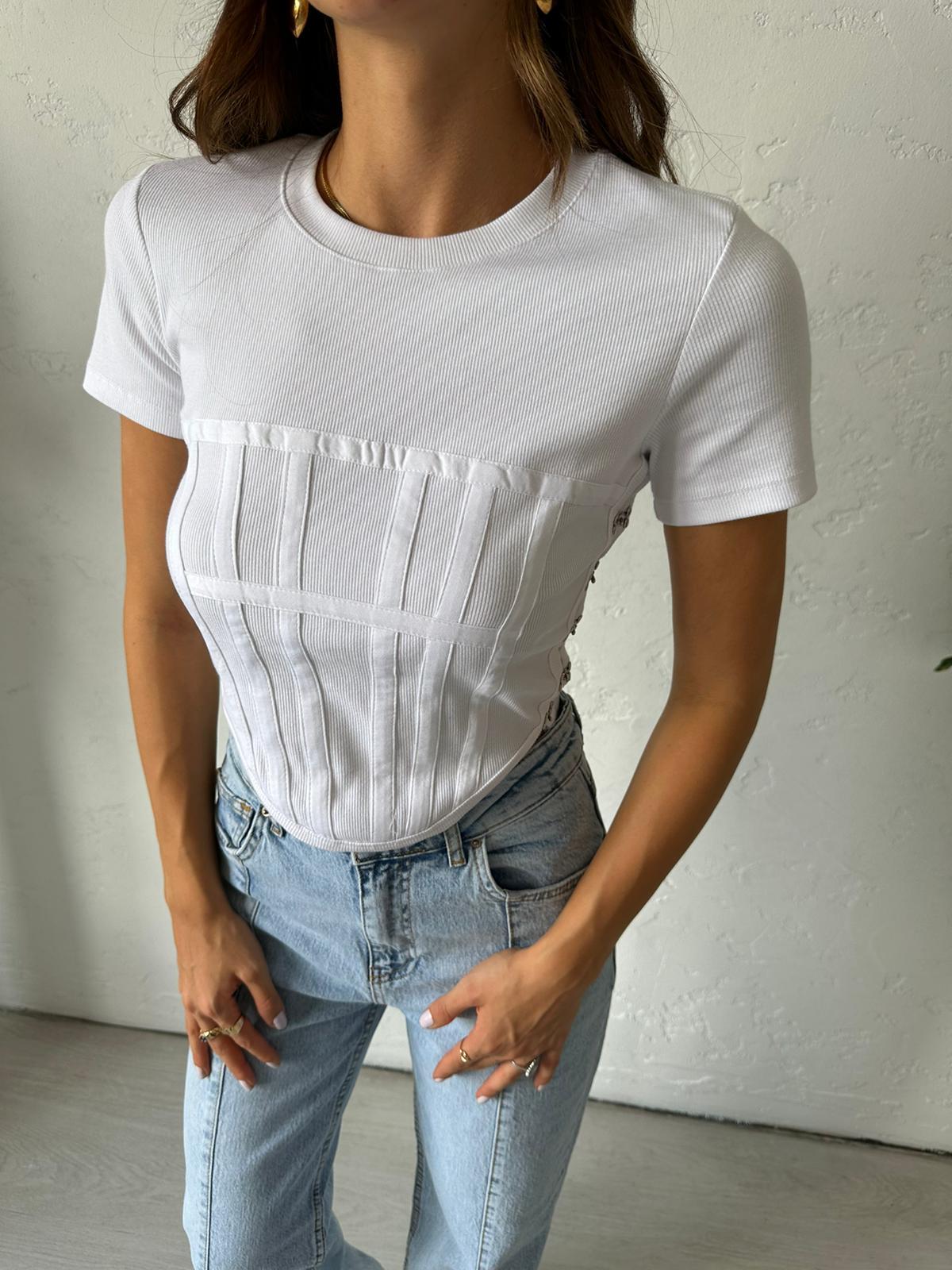 Beyaz Korse Detaylı Crop Bluz