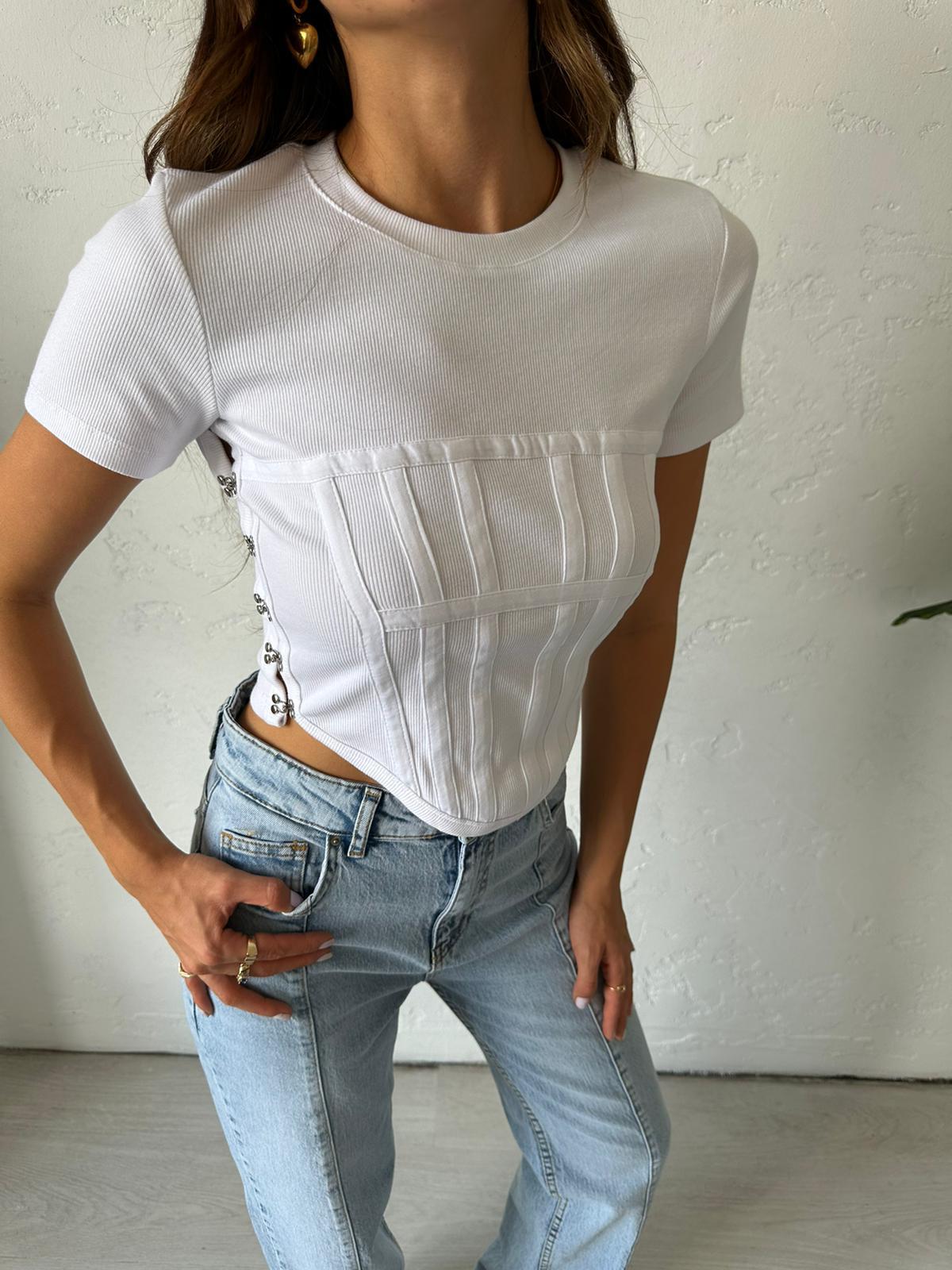 Beyaz Korse Detaylı Crop Bluz