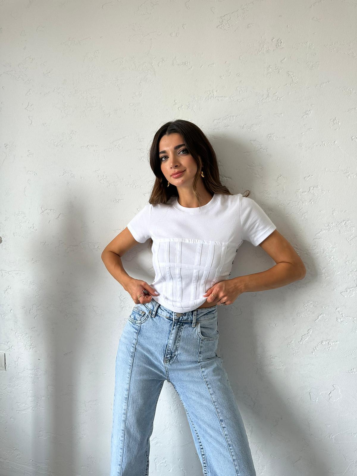 Beyaz Korse Detaylı Crop Bluz