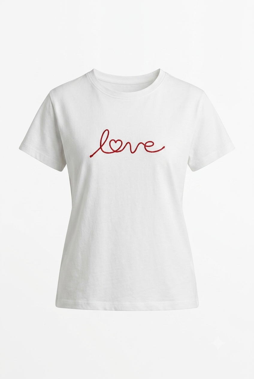 Beyaz Love Nakışlı Tişört