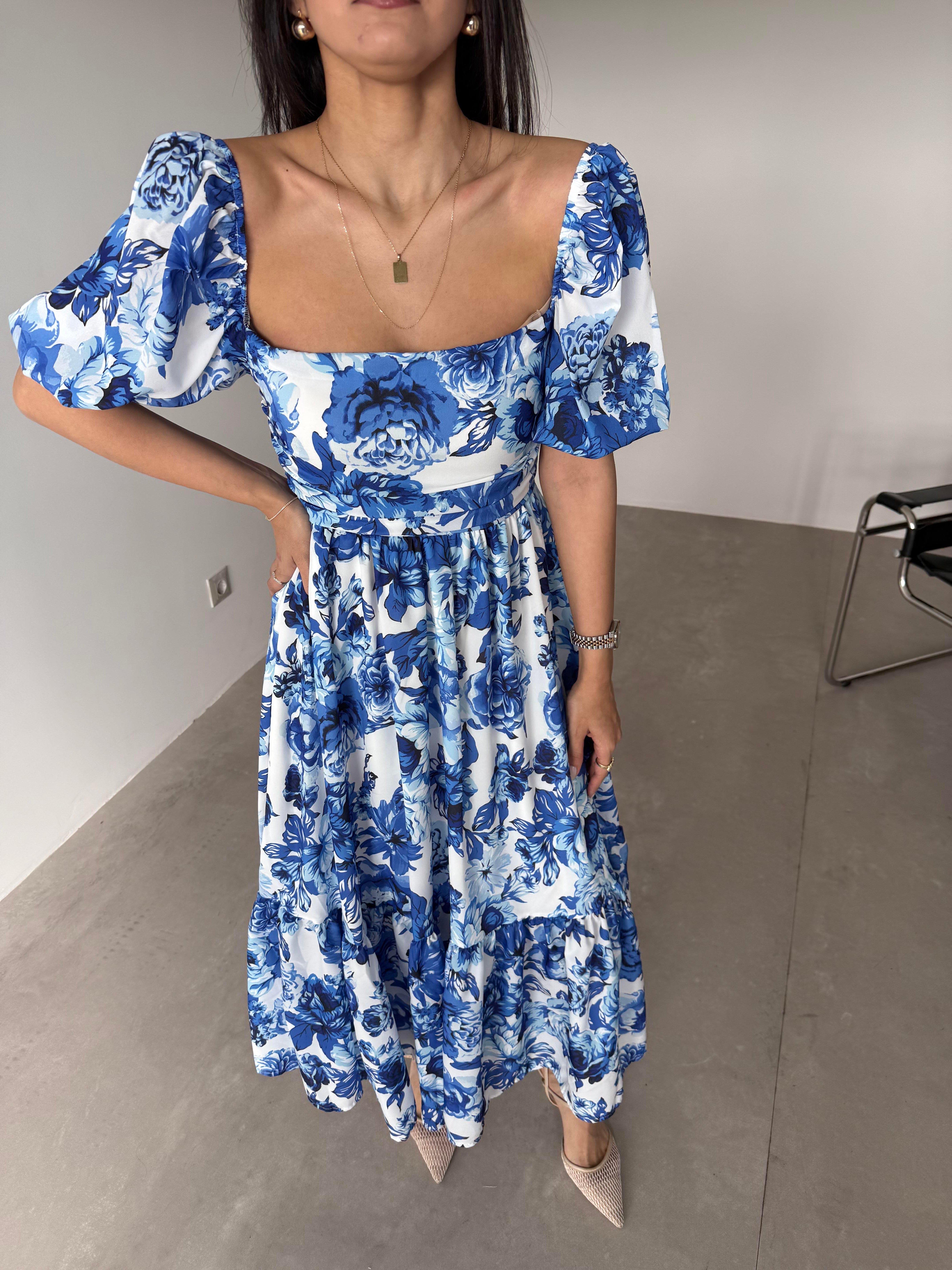 Beyaz Mavi Çiçekli Karpuz Kol Elbise