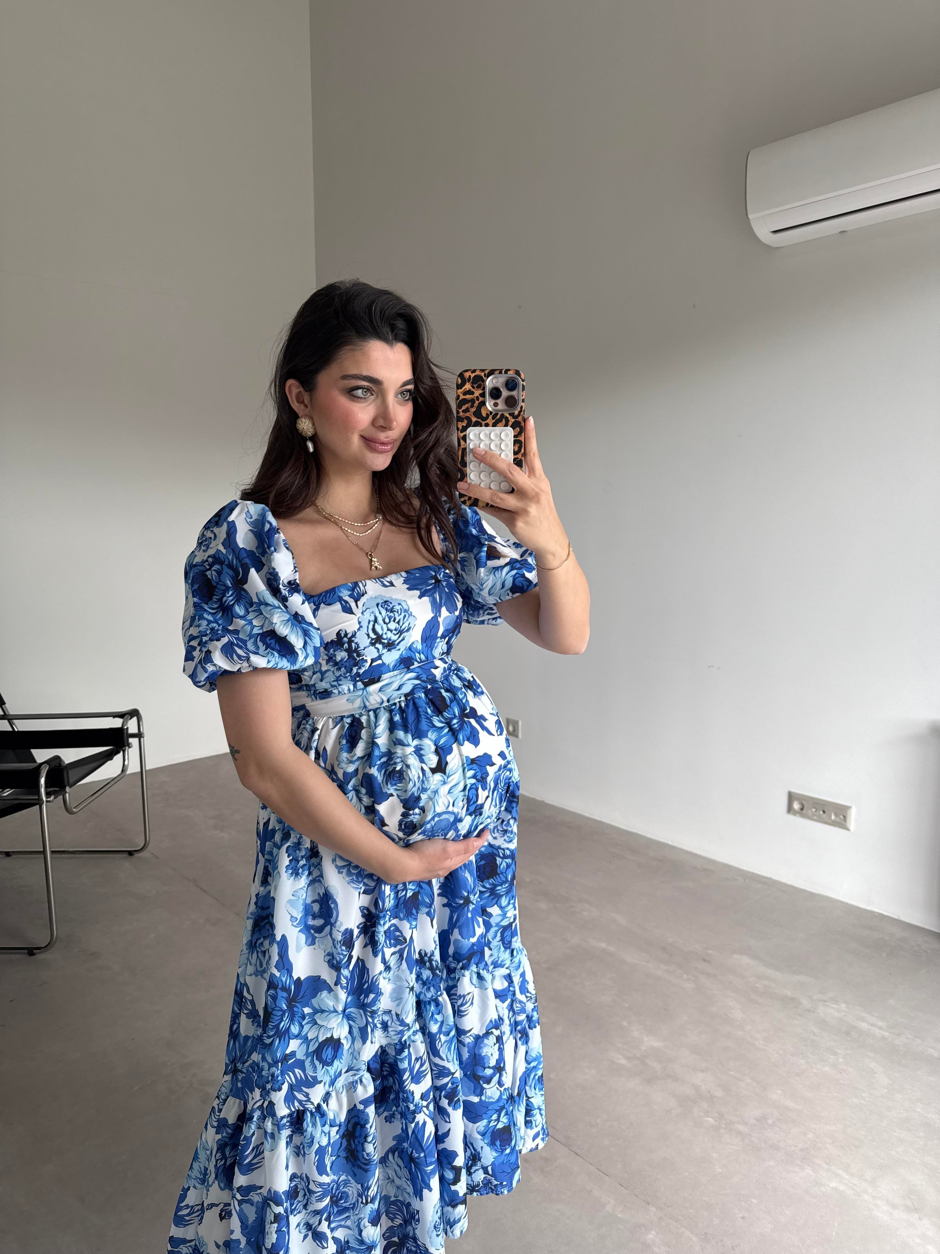 Beyaz Mavi Çiçekli Karpuz Kol Elbise