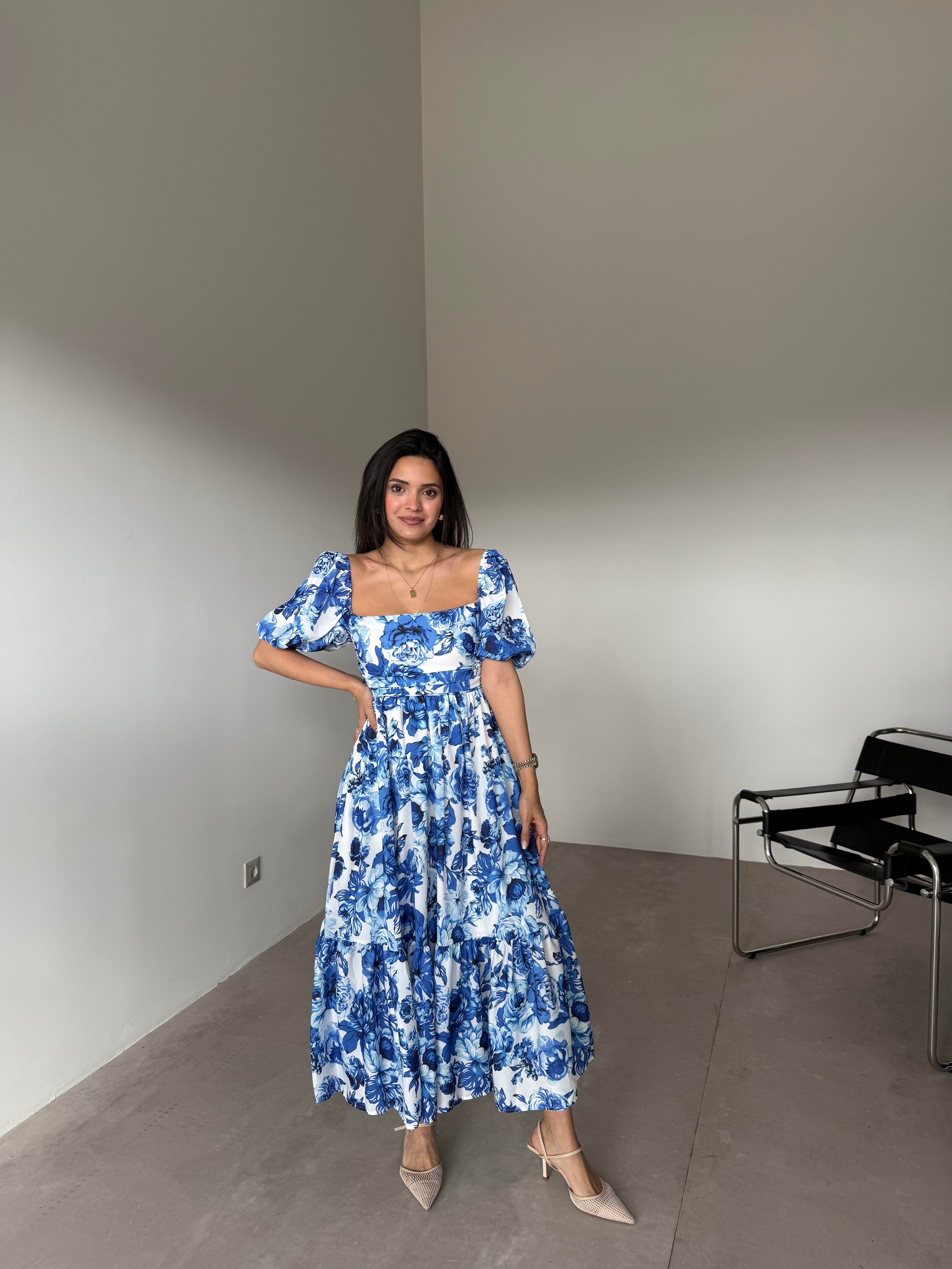 Beyaz Mavi Çiçekli Karpuz Kol Elbise