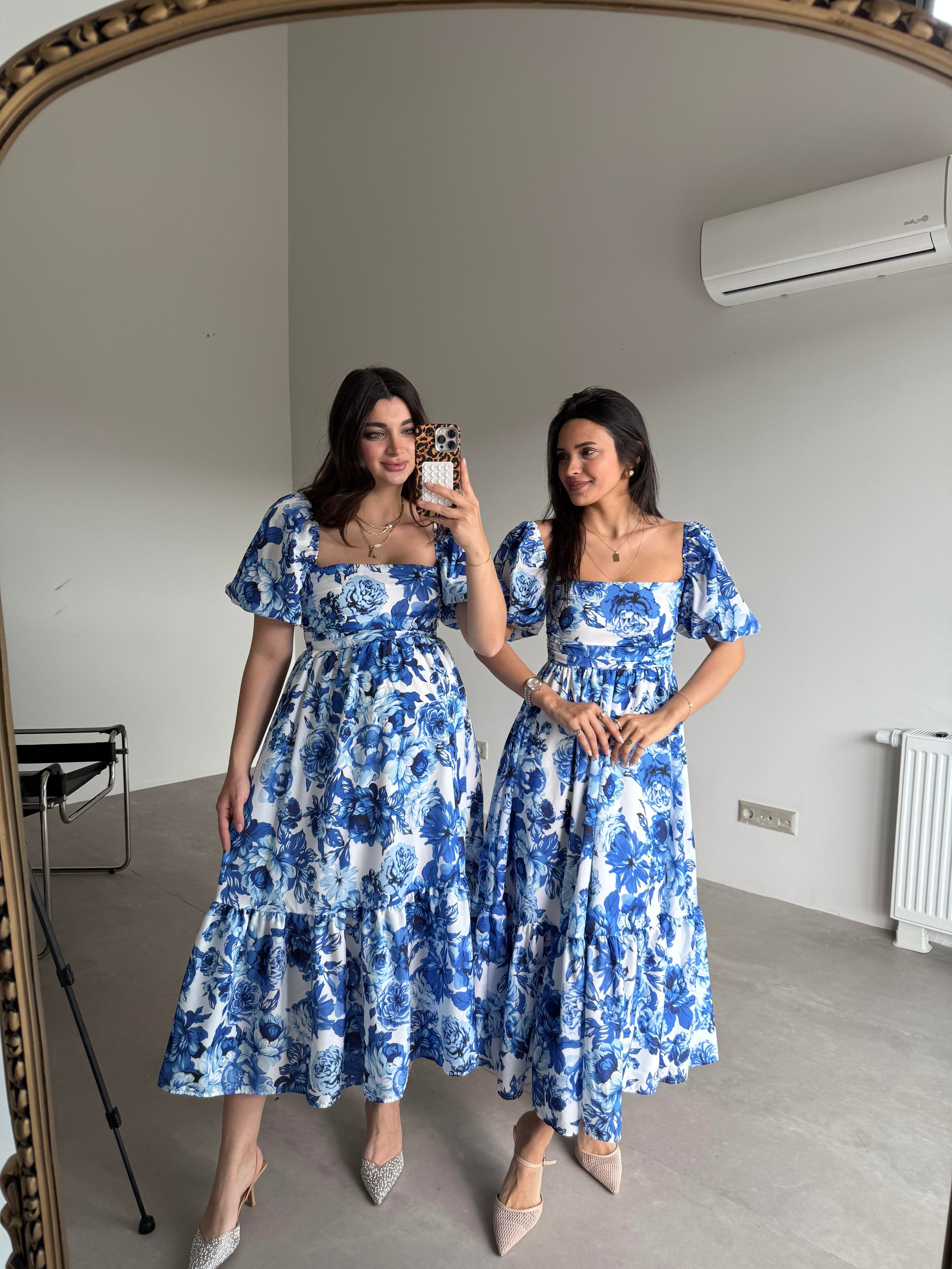 Beyaz Mavi Çiçekli Karpuz Kol Elbise