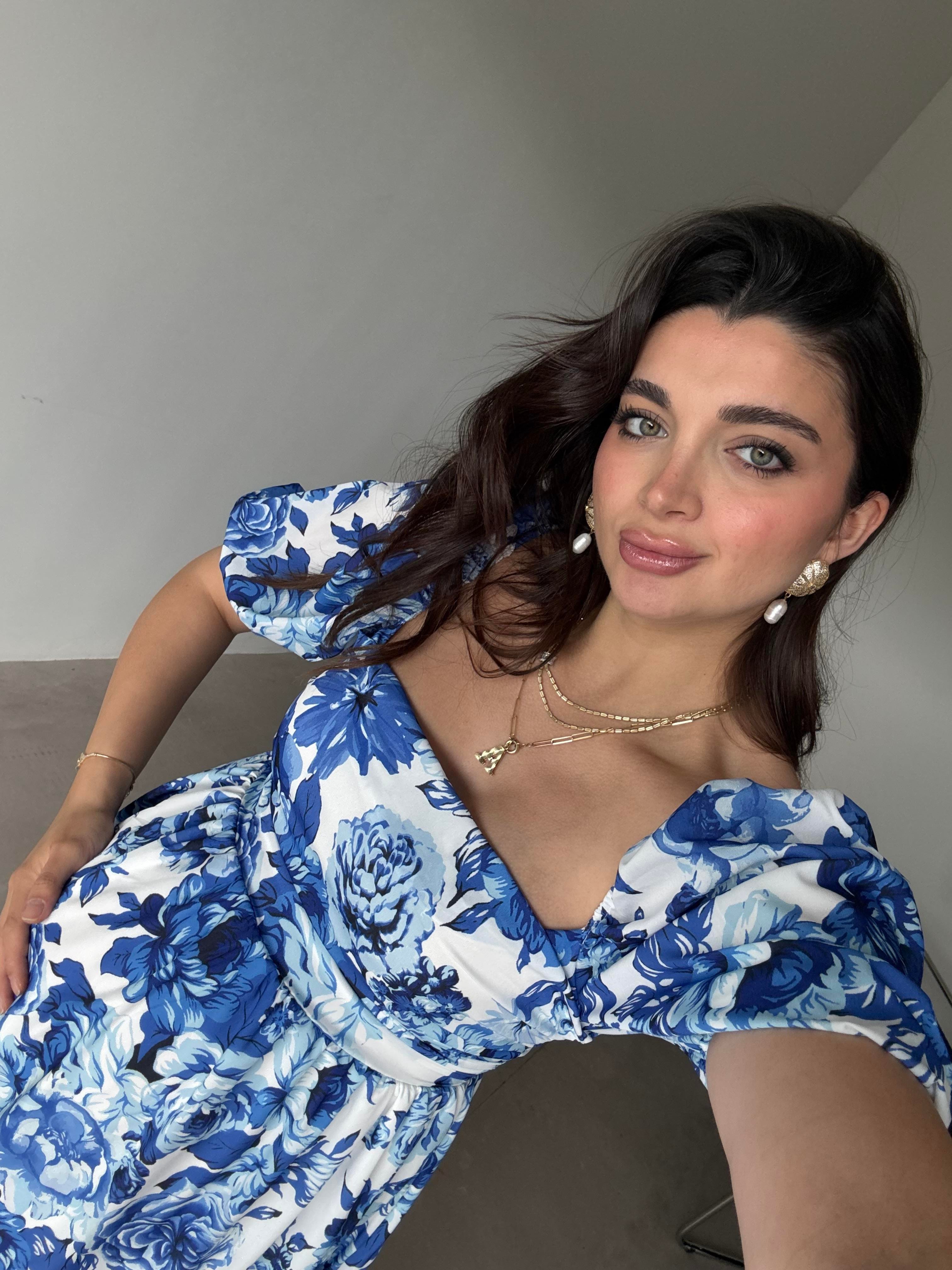 Beyaz Mavi Çiçekli Karpuz Kol Elbise