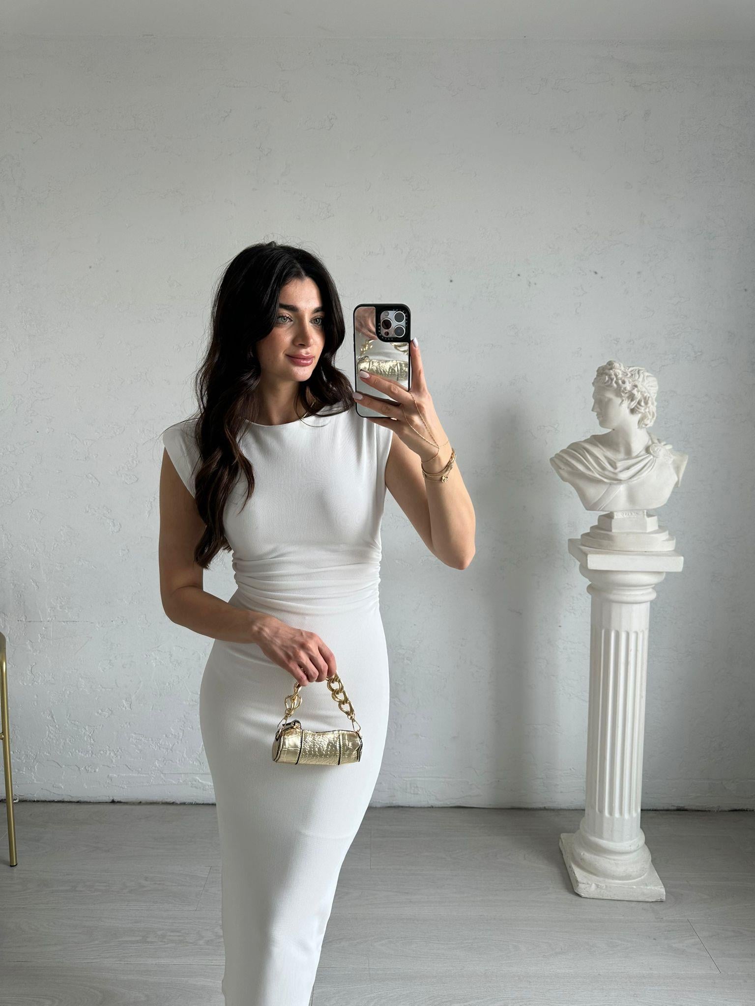 Beyaz Ottoman Kumaş Drapeli Elbise