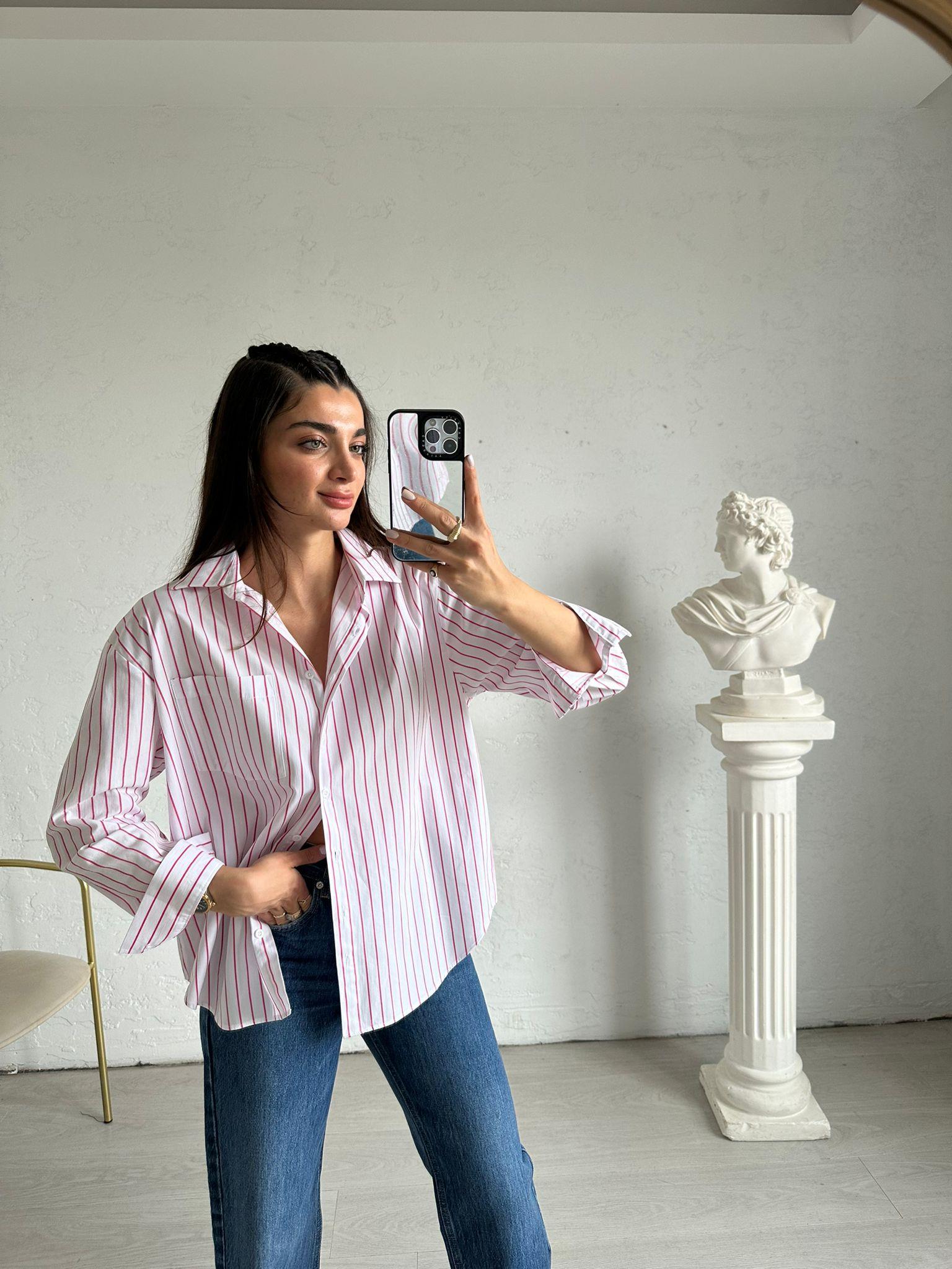 Beyaz Pembe Çizgili Tek Cepli Gömlek