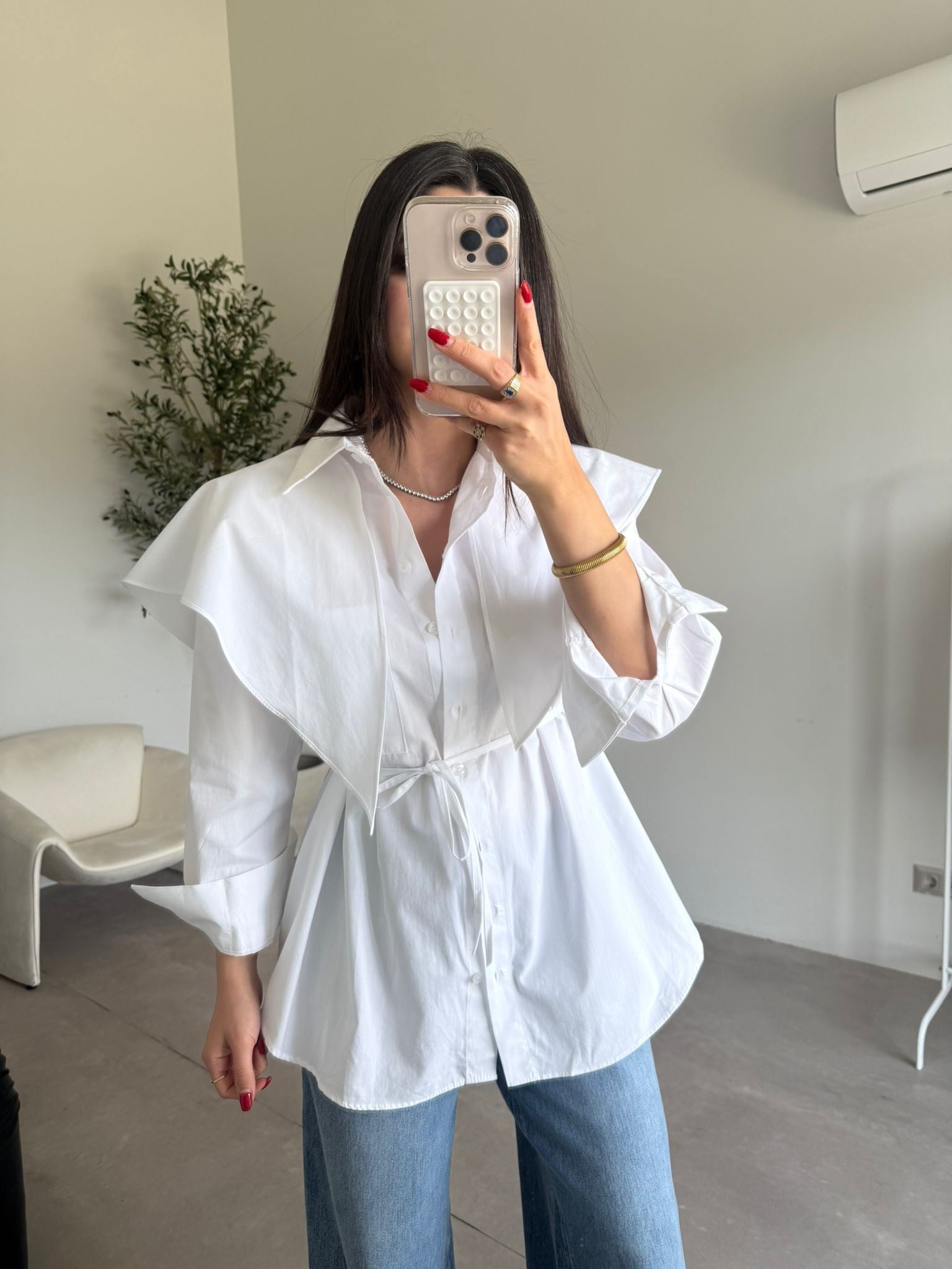 Beyaz Şallı Poplin Gömlek
