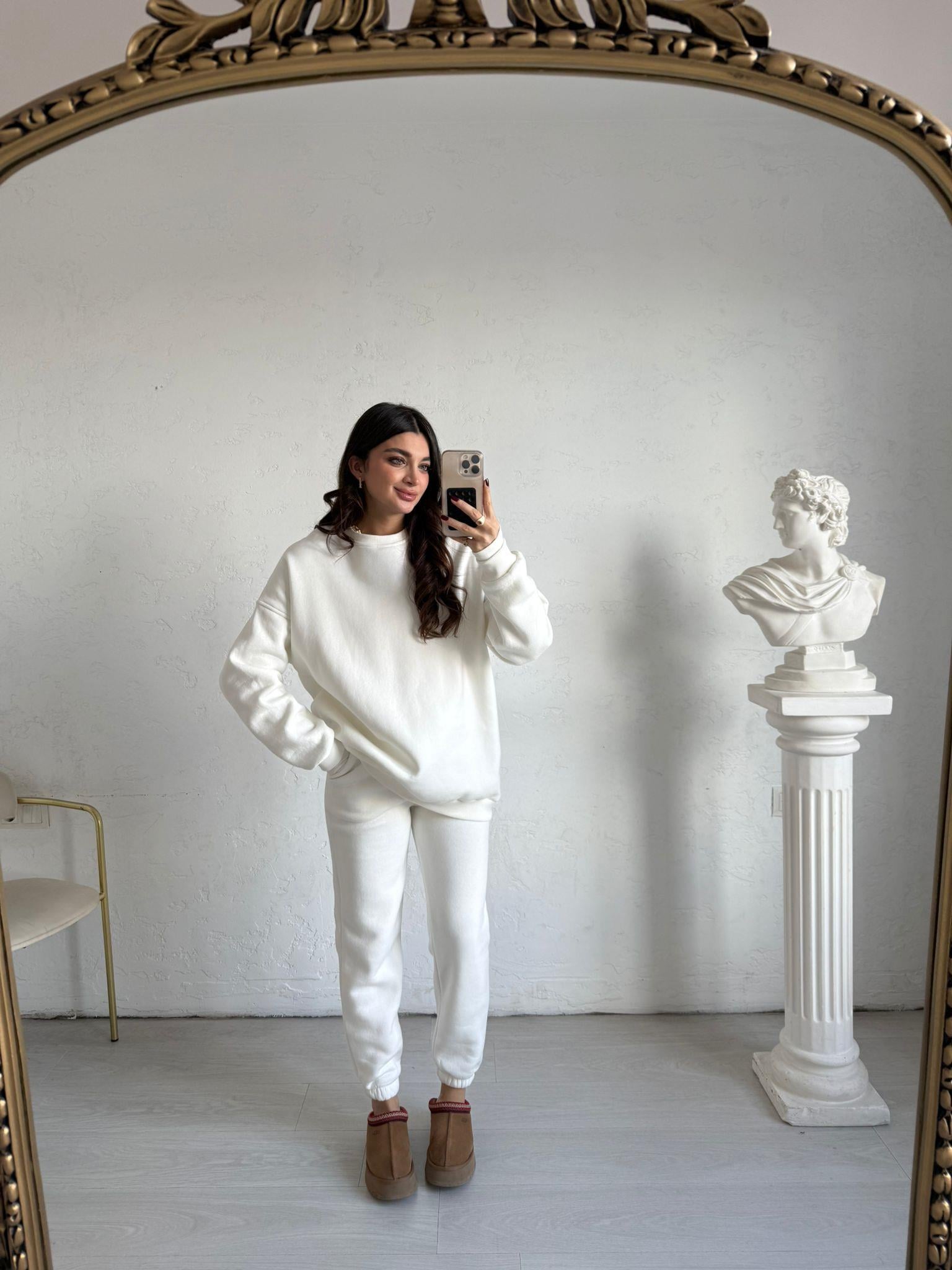 Beyaz Şardonlu Oversize Aura Eşofman Altı